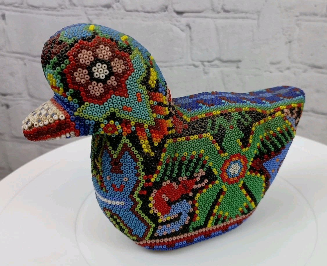 Vintage Huichol Beaded Mexican Folk Art Duck  On Wood