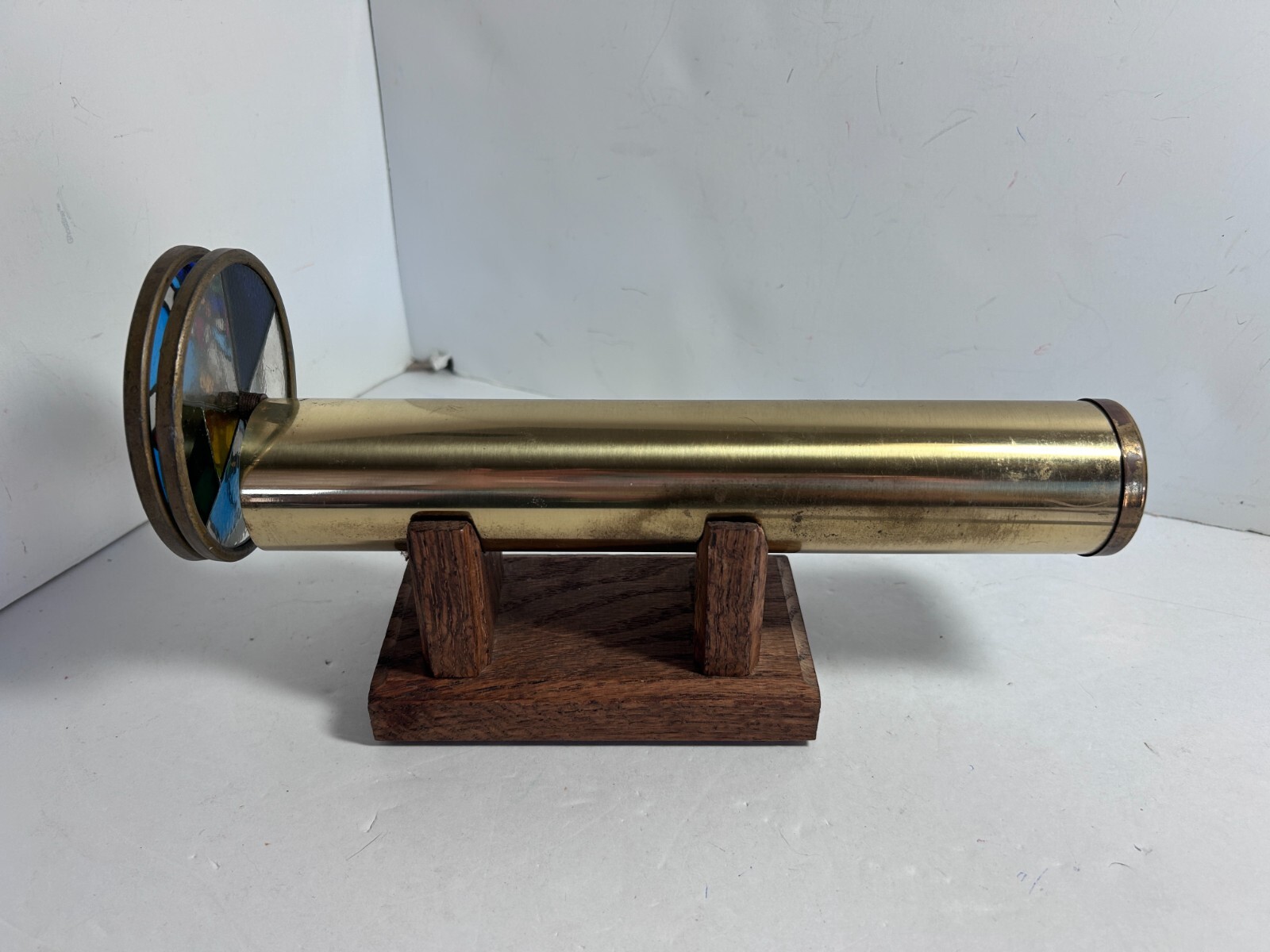 Vtg Brass Kaleidoscope Duck Double Wheel With Wood Stand Vtg Brass Kaleidoscope Duck Double Wheel With Wood Stand