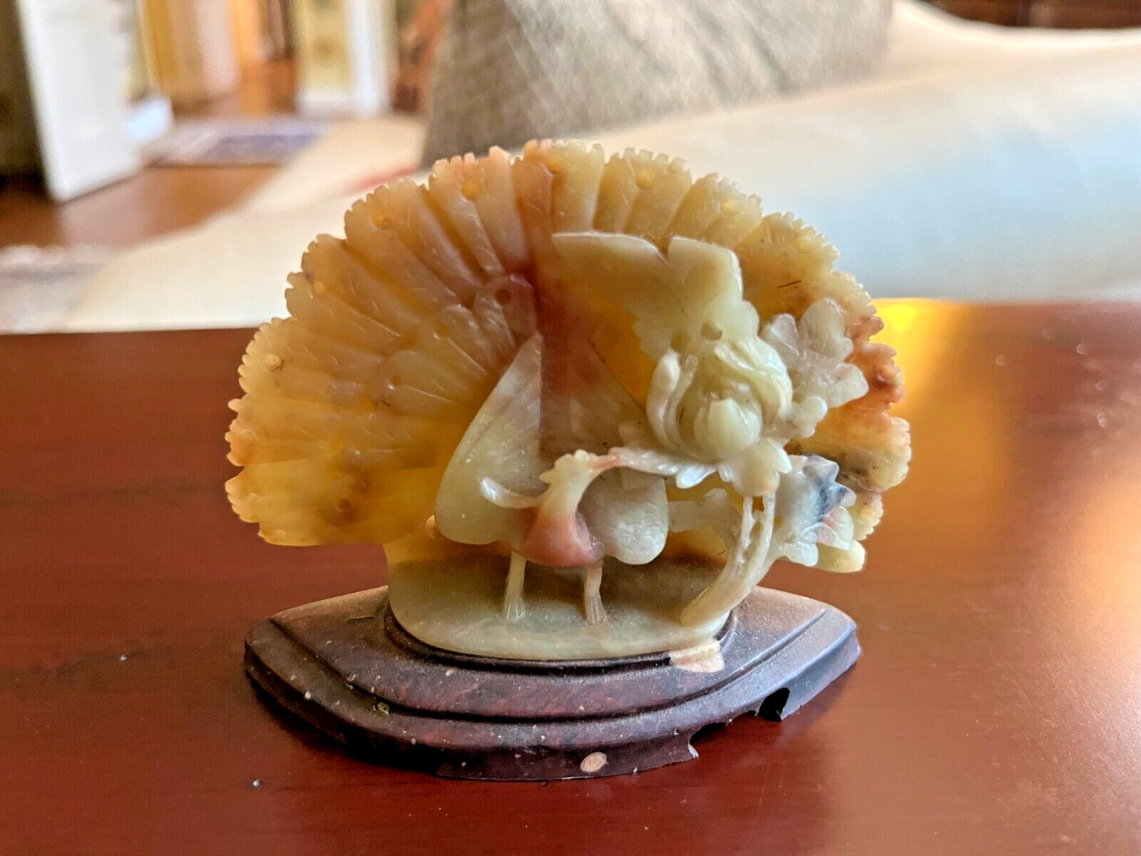 Vintage Small Soapstone Peacock Figurine with Base