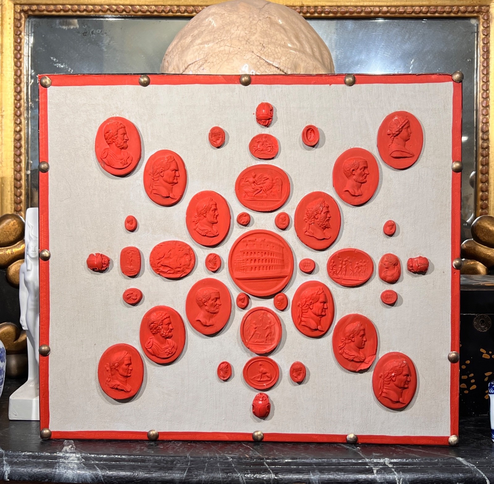 Grand Tour Revival Neoclassical Vintage Red Plaster Cast Waxed Intaglio Arrangem