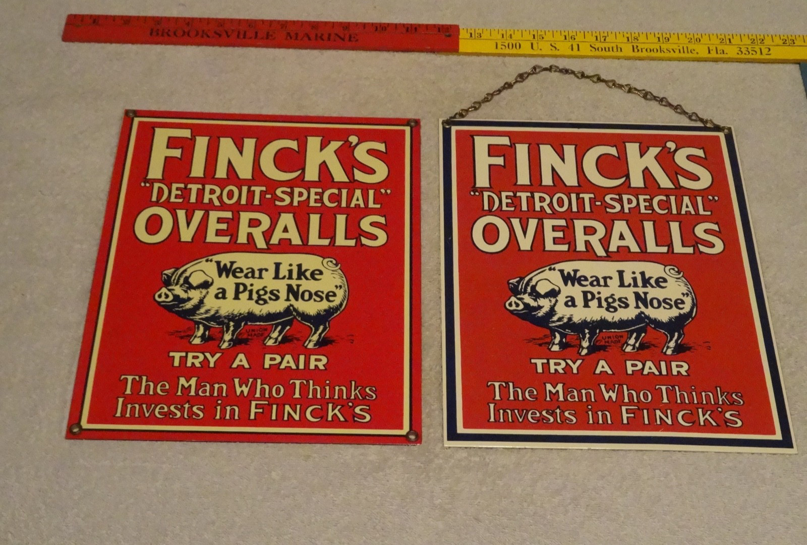 VINTAGE FINCK'S DETROIT OVERALLS WEAR LIKE PIG NOSE SIGN LOT OF2 PORCELAIN METAL