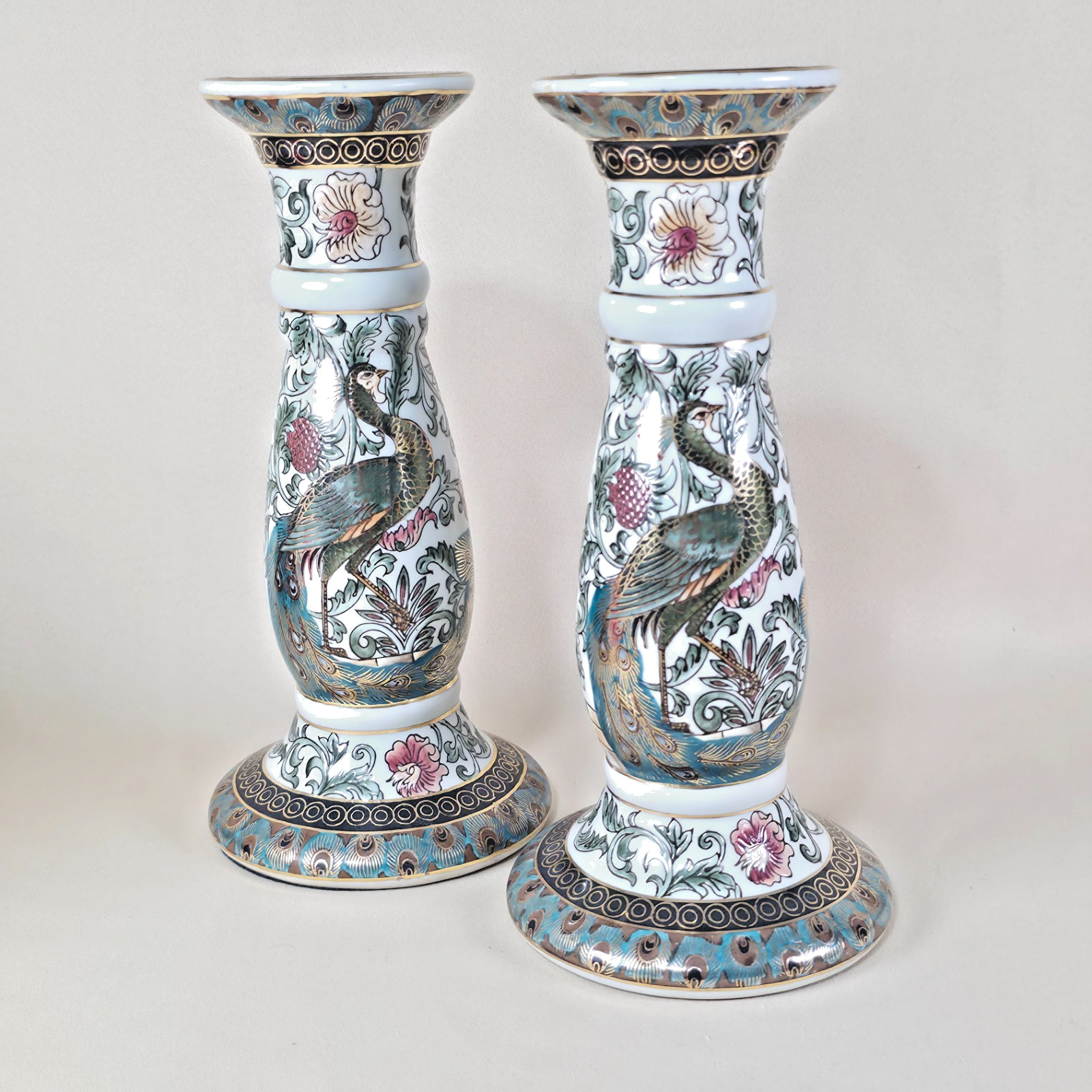 Vintage Chinoiserie Peacock Candlestick Holders Pair 10