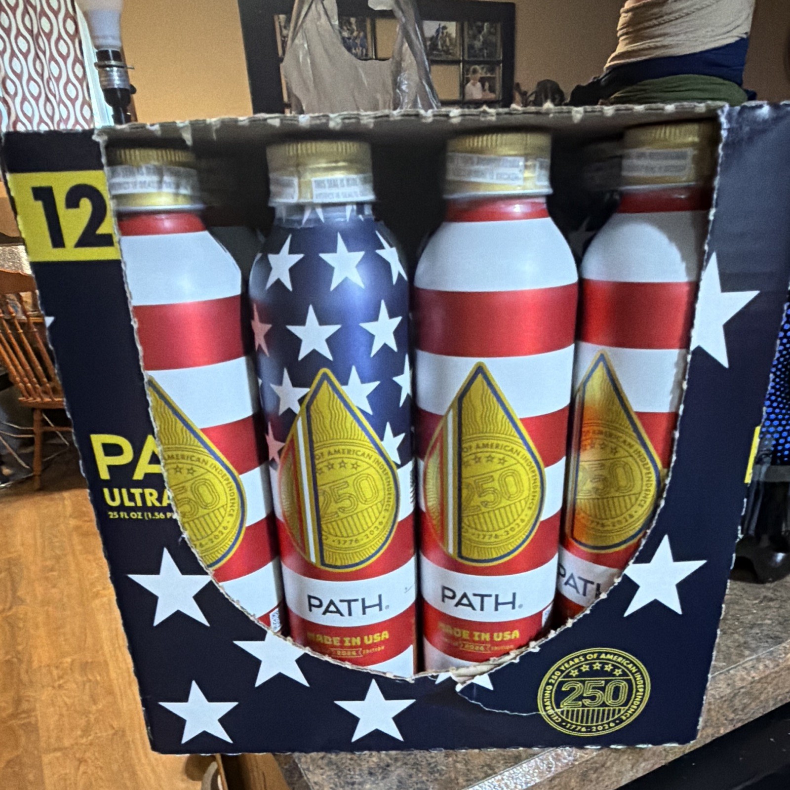 Unopened 12pk of 250th Anniversary reusable aluminum water bottles.