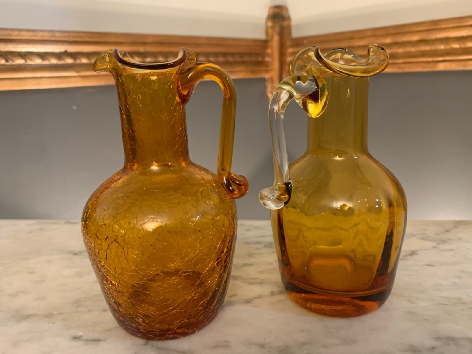 Vintage Amber Crackle Glass Cruet & clear Miniature Pitcher hand blown Vintage Amber Crackle Glass Cruet & clear Miniature Pitcher hand blown