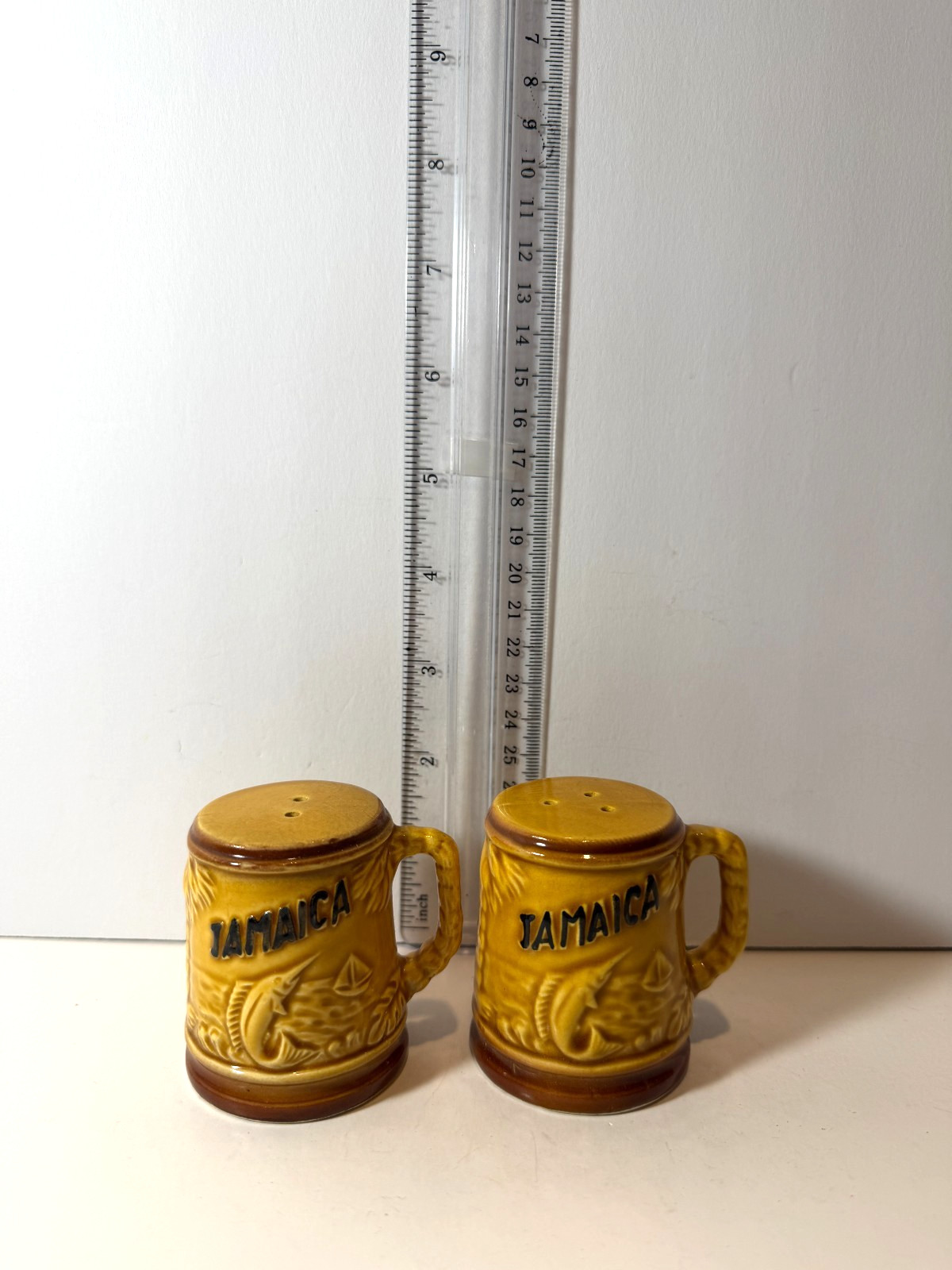 Vintage Jamaica Salt and Pepper Shakers Set Souvenir Mug Stein Style Swordfish
