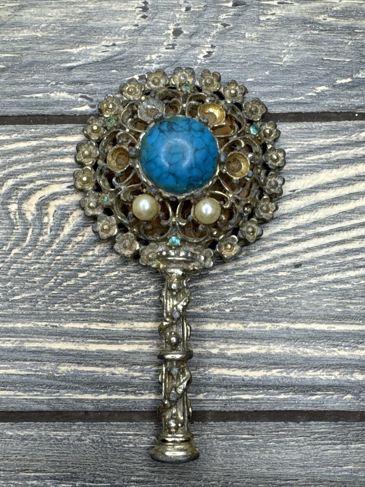 Vintage Orante Handheld Mirror Gold Tone Simulated Pearl Turquoise Stone 4”