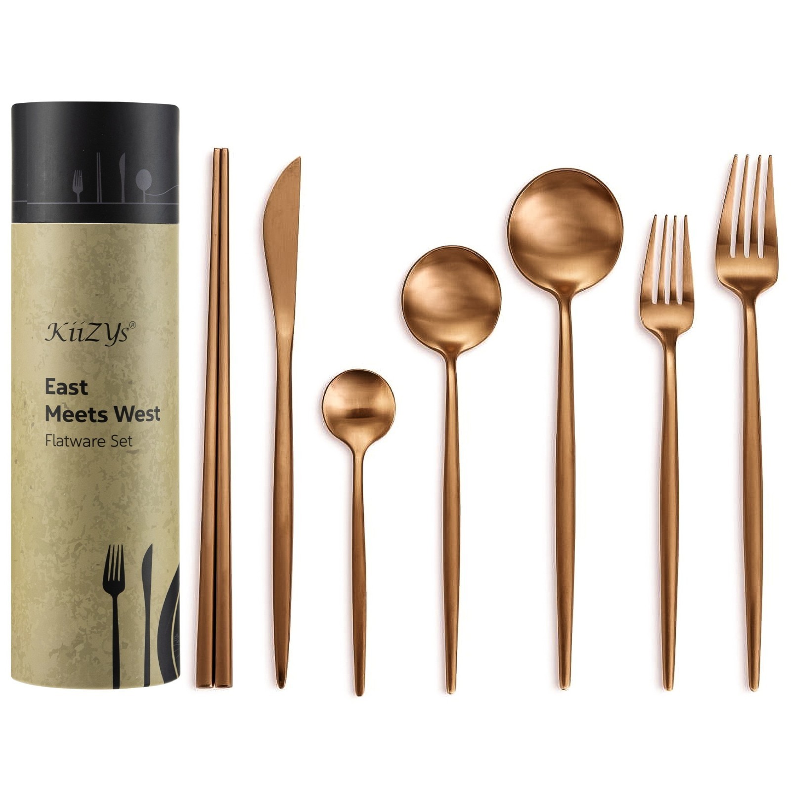 14-pc Matte Copper  (2 set) Chopstick Cutlery Silverware Utensil Flatware KiiZYs