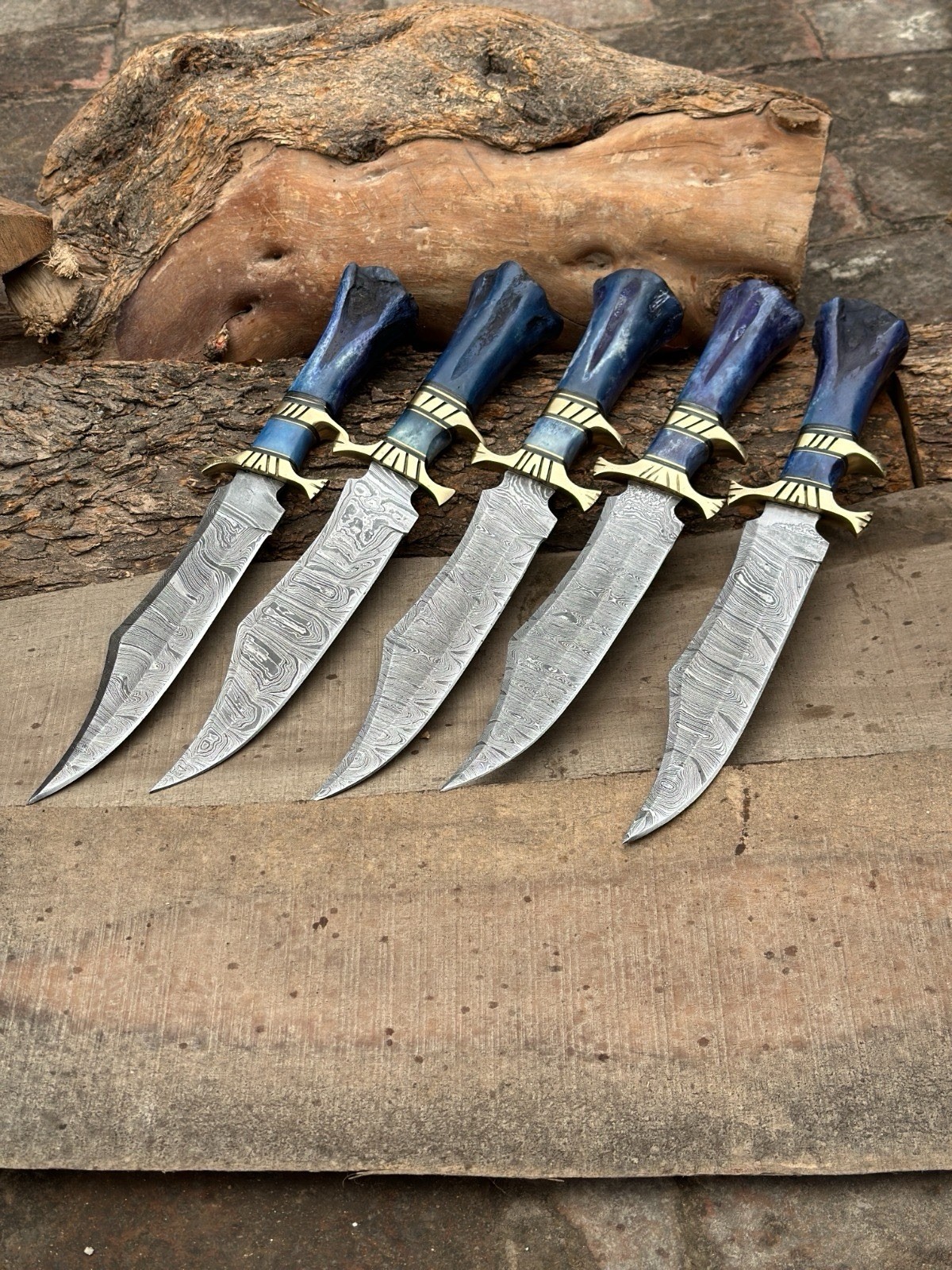 5 BEAUTIFUL CUSTOM HAND MADE DAMASCUS STEEL HUNTING BOWIE KNIVES BLUE CAMEL BONE 5 BEAUTIFUL CUSTOM HAND MADE DAMASCUS STEEL HUNTING BOWIE KNIVES BLUE CAMEL BONE