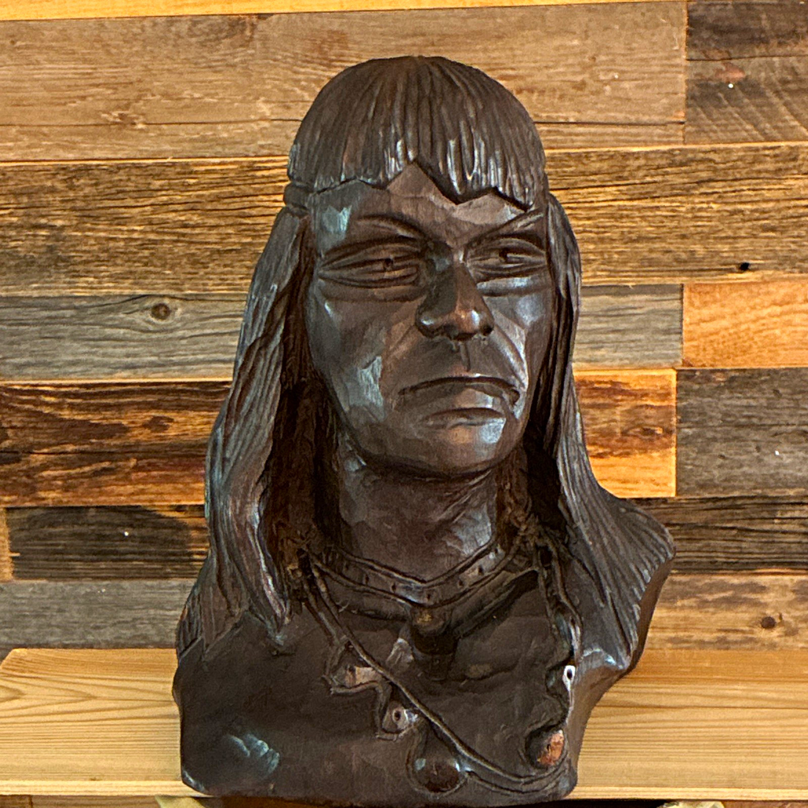 Vintage 10.5” Hand Carved Native American Chief Bust Wood Sculpture Folk Art