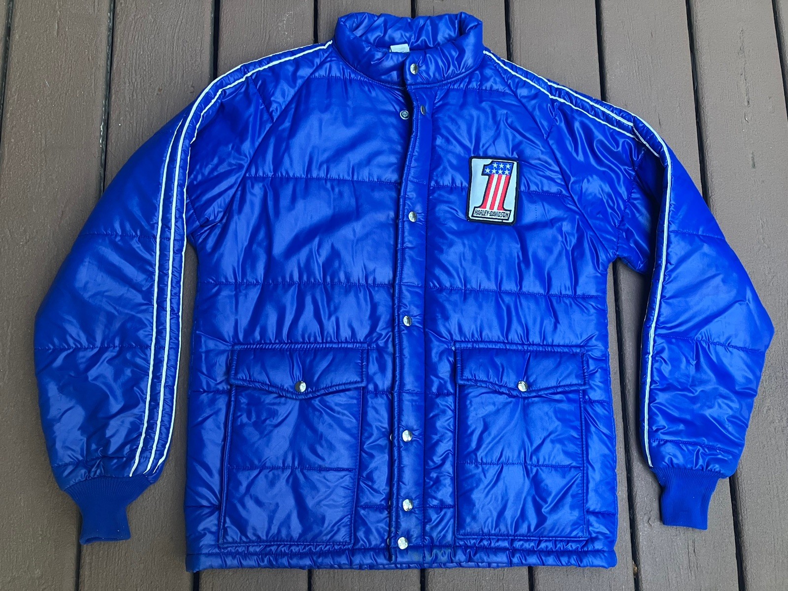 Vintage 70s Harley Davidson Swingster Red White Blue #1 Winter Puffer  Jacket L