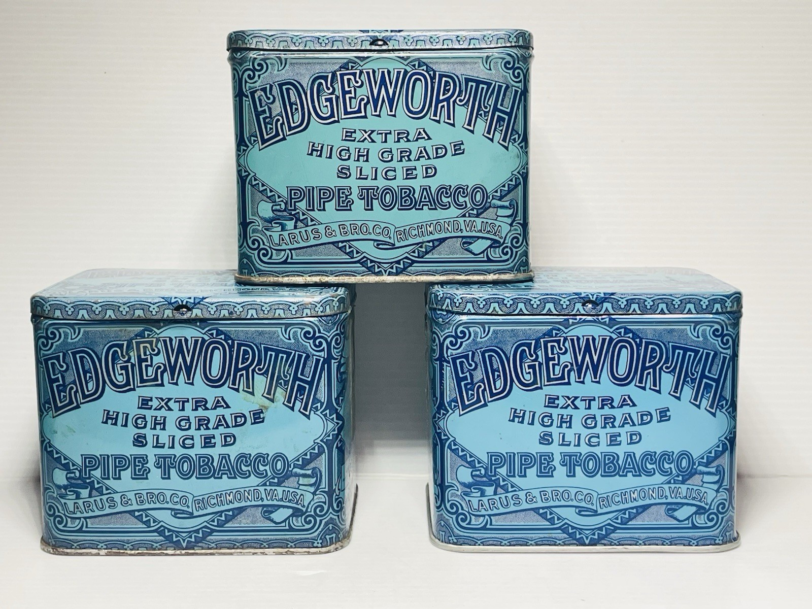 3 VTG Edgeworth Extra High Grade Sliced Pipe Tobacco Large Advertising Tins 4” 3 VTG Edgeworth Extra High Grade Sliced Pipe Tobacco Large Advertising Tins 4”