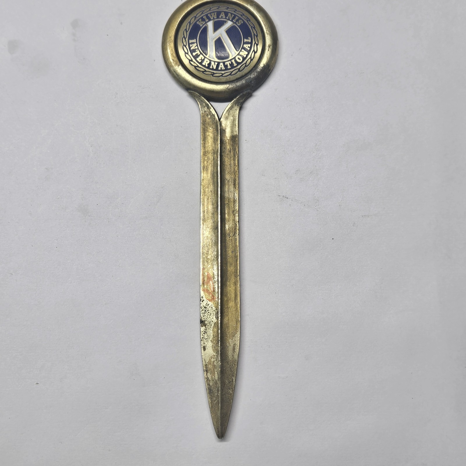 Vintage Kiwanis International Brass Letter Opener Blue Enamel Hollow Blade 7\