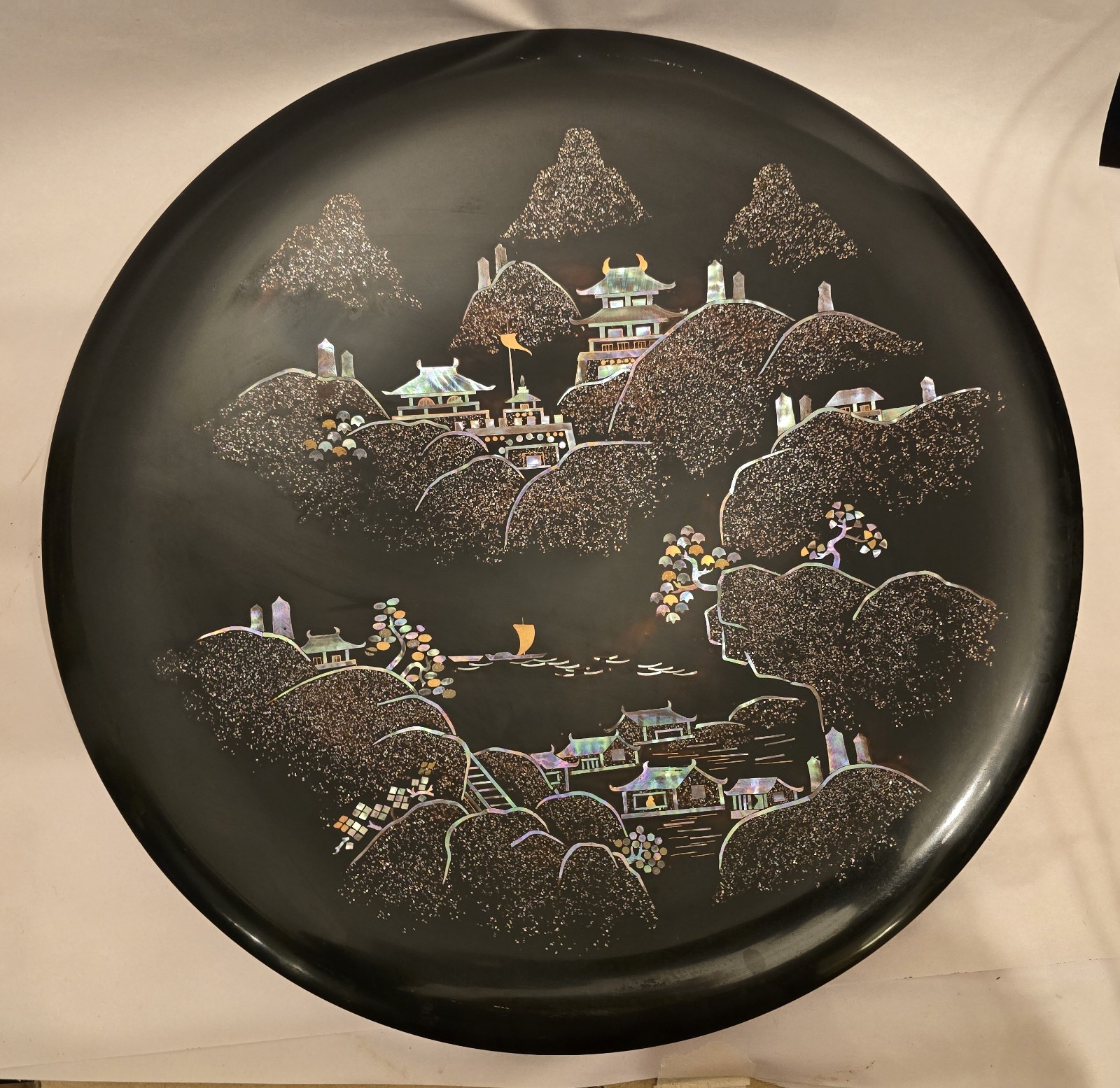 Vtg Maruni Japan Black Lacquer Ware Abalone inlaid XL Plate 16.5