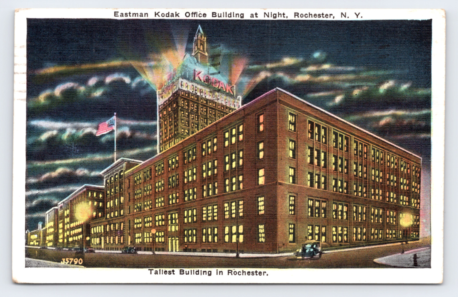 c1938 Eastman Kodak Office Building at Night Postcard Rochester NY Tallest