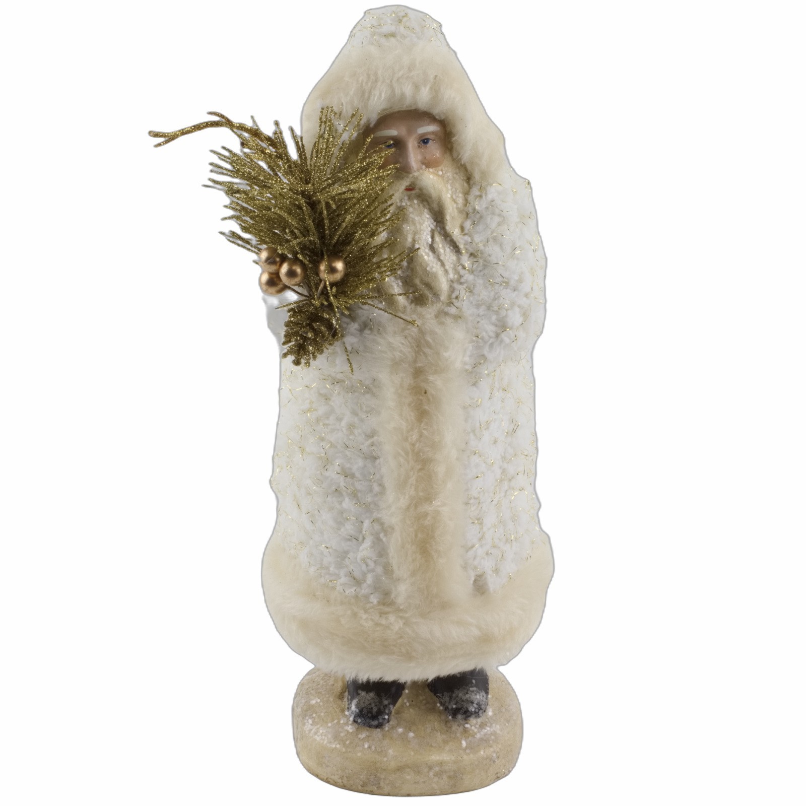 Primitive Belsnickle White Fleece Santa Claus Figure Holds Gold Branch 10\