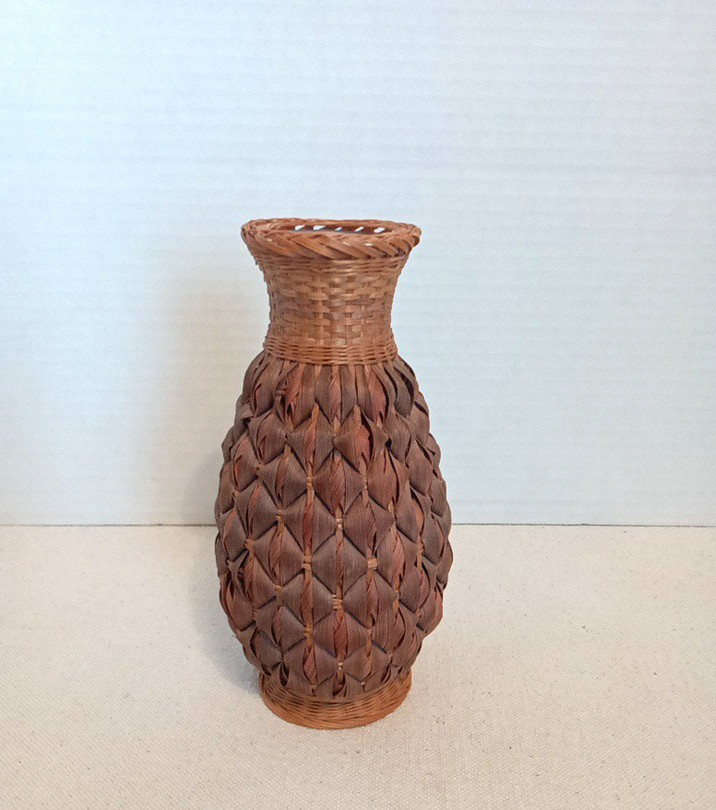 Vintage Woven Rattan Wicker Wrapped White Bud Vase Pineapple Pinecone Shape 6\