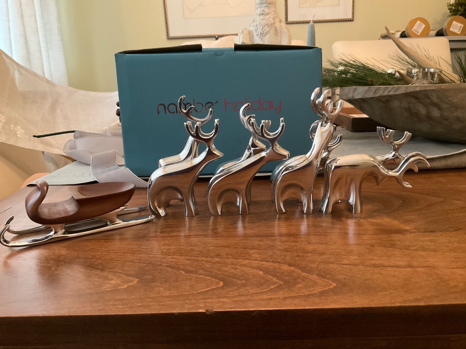 Nambe Holiday  Collection 9-piece mini Reindeer Figurine Set-NIB