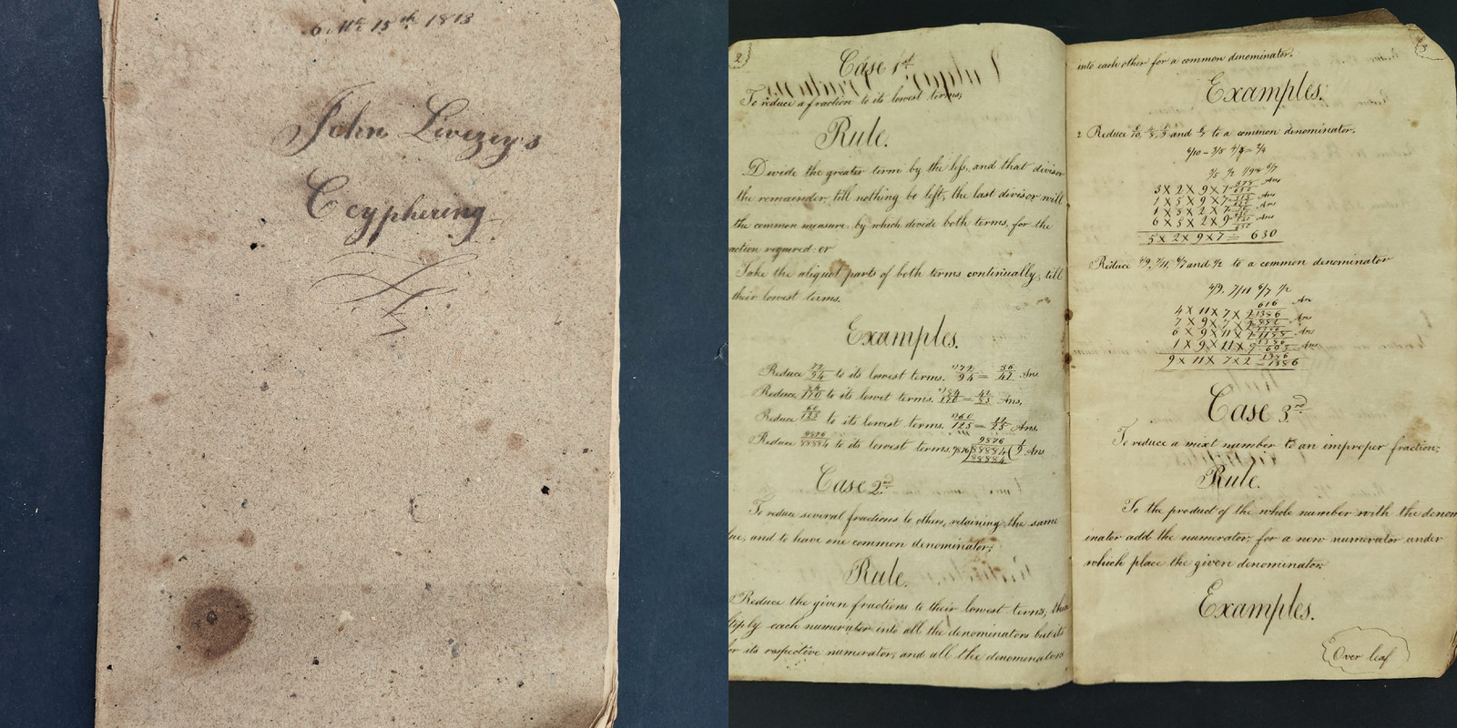 1813 antique MATH CYPHER SCHOOL COPYBOOK folk art boat sketch JOHN LIVEZEY penna