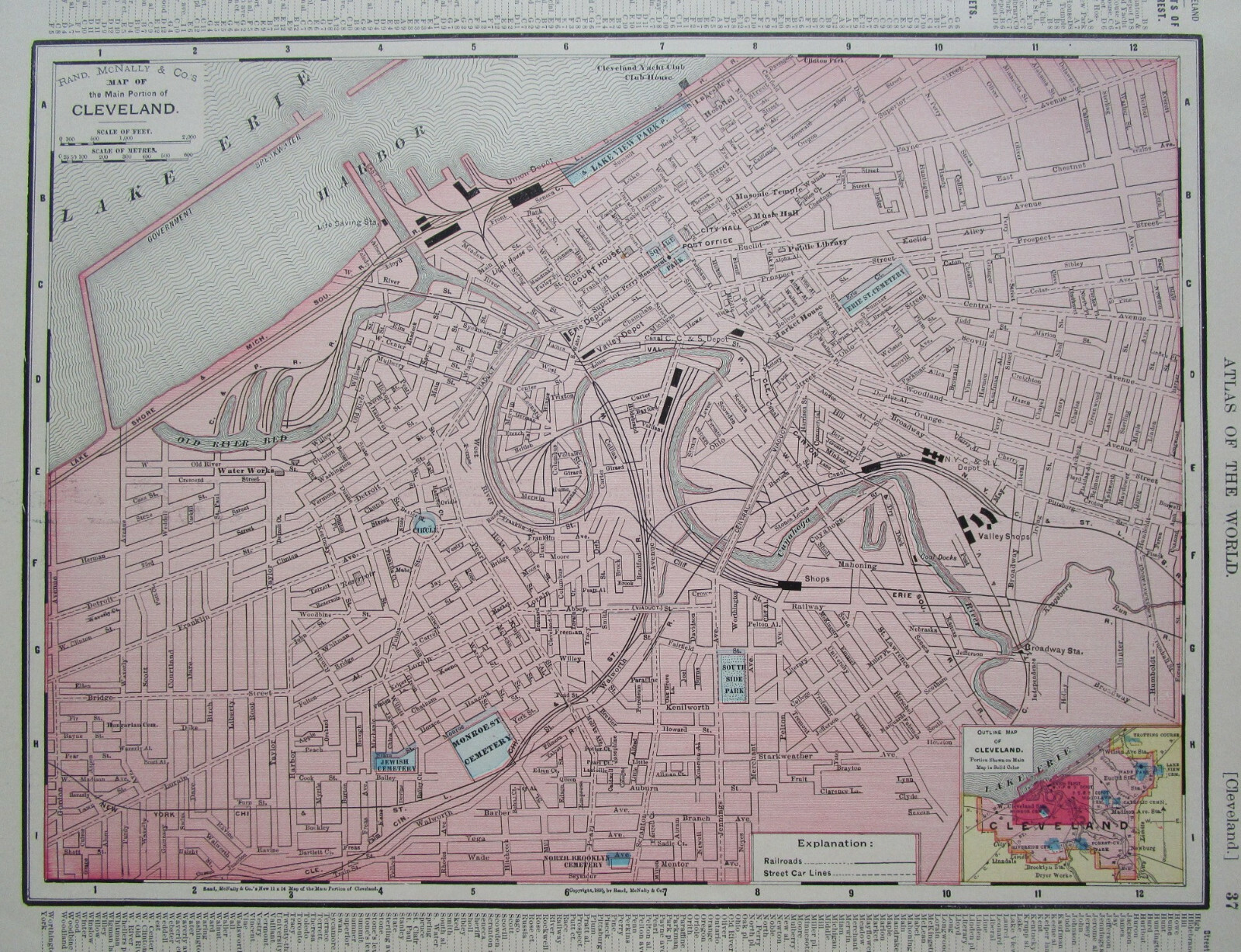 OH IN Antique 1895 CLEVELAND OHIO City Map RAILROADS NKP ~or~ INDIANA State Map