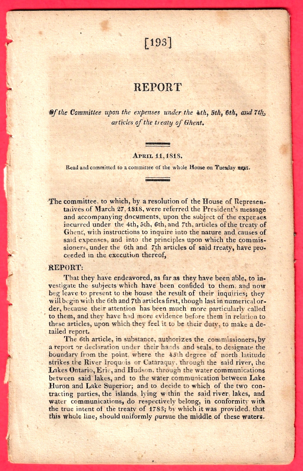 1818 Document ~ TREATY OF GHENT ~ MAPPING BORDERS OF CANADA & U.S. ~ WAR of 1812