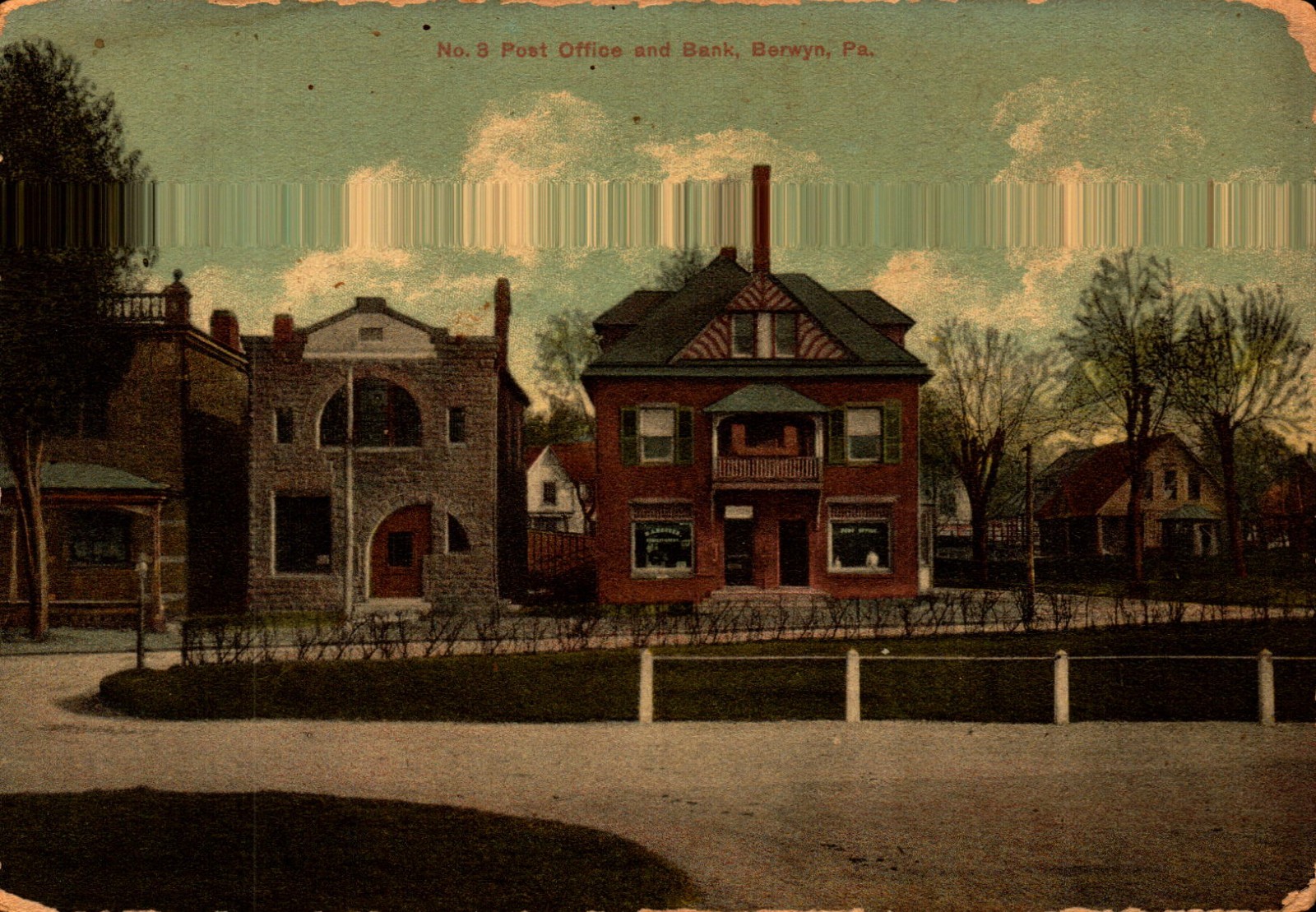 RARE 1909 BERWYN PA-NO.3 POST OFFICE & BANK DIVIDED BACK POSTRCARD BK87