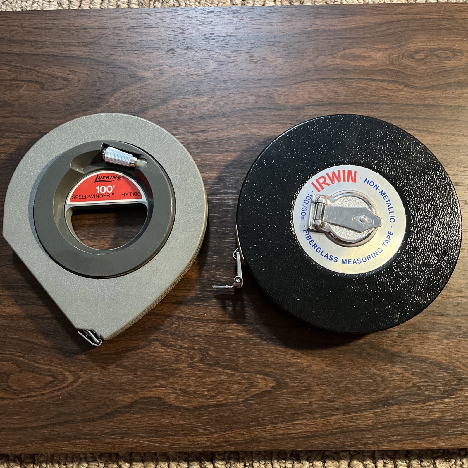 Vintage Lufkin Speedwinder & Irwin 100 Ft Tape Measure Long Reel Lot