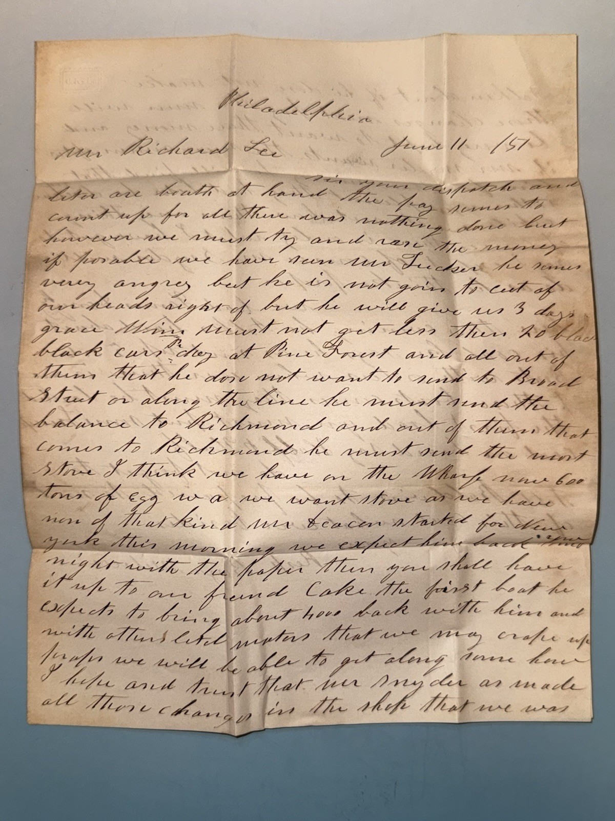 1857 Handwritten Letter Pottsville PA Coal Mining History Pine Forest Colliery