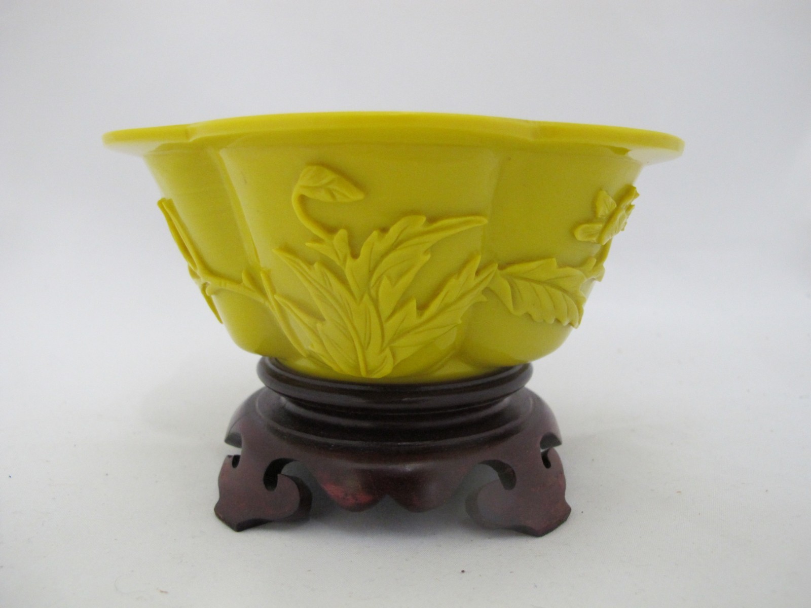 CHINESE Imperial Yellow PEKING Glass Foliate Lotus Bowl on Carved Wood Stand