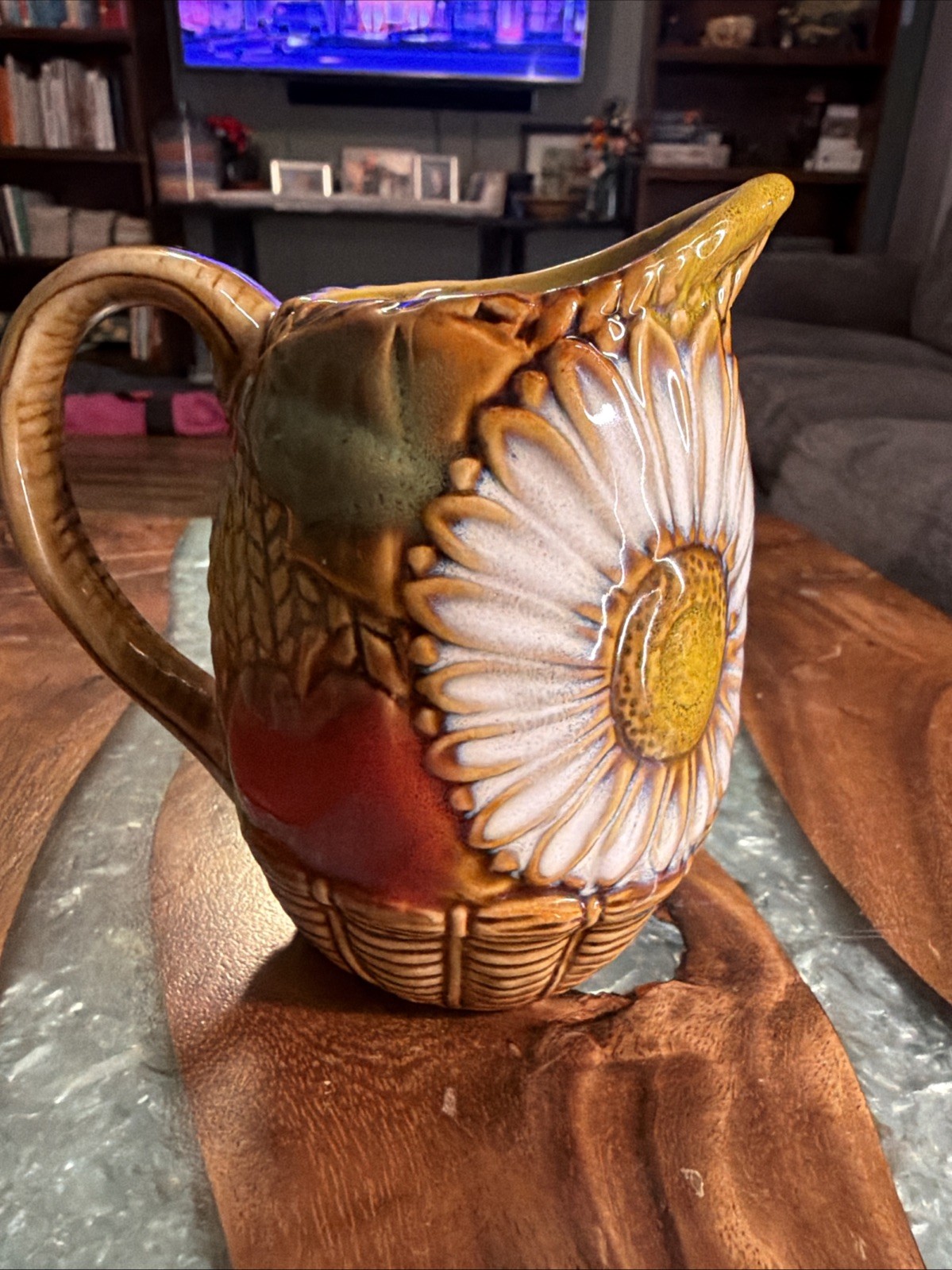 Vintage 4.5” Majolica Creamer Pitcher With Sunflowers & Basket Weave