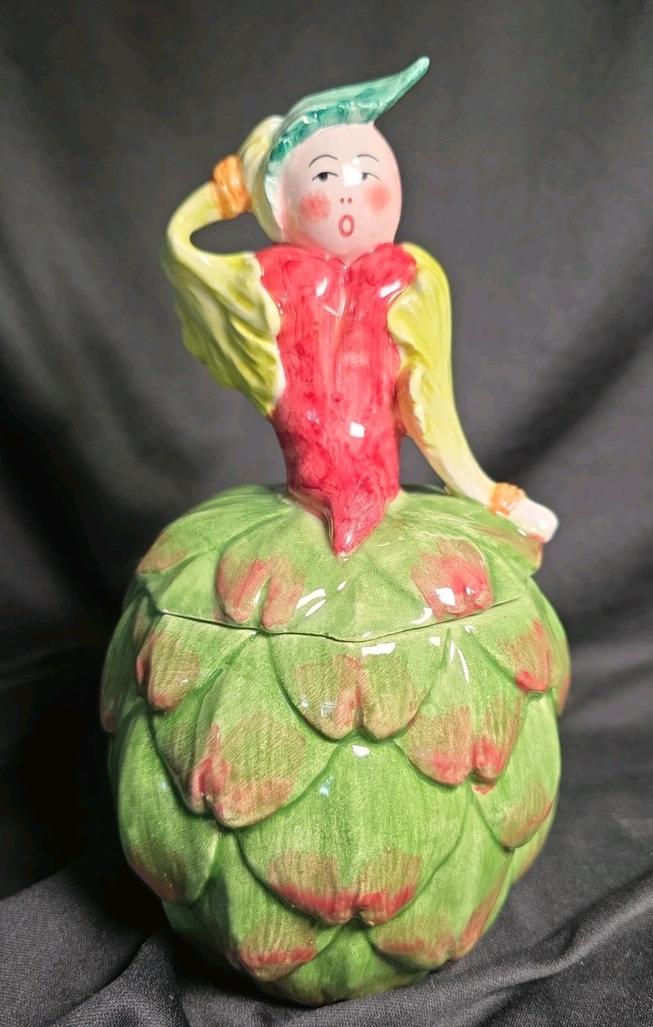Italian Ceramic Anthropomorphic Figure Artichoke Lady Lid Canister Neiman Marcus