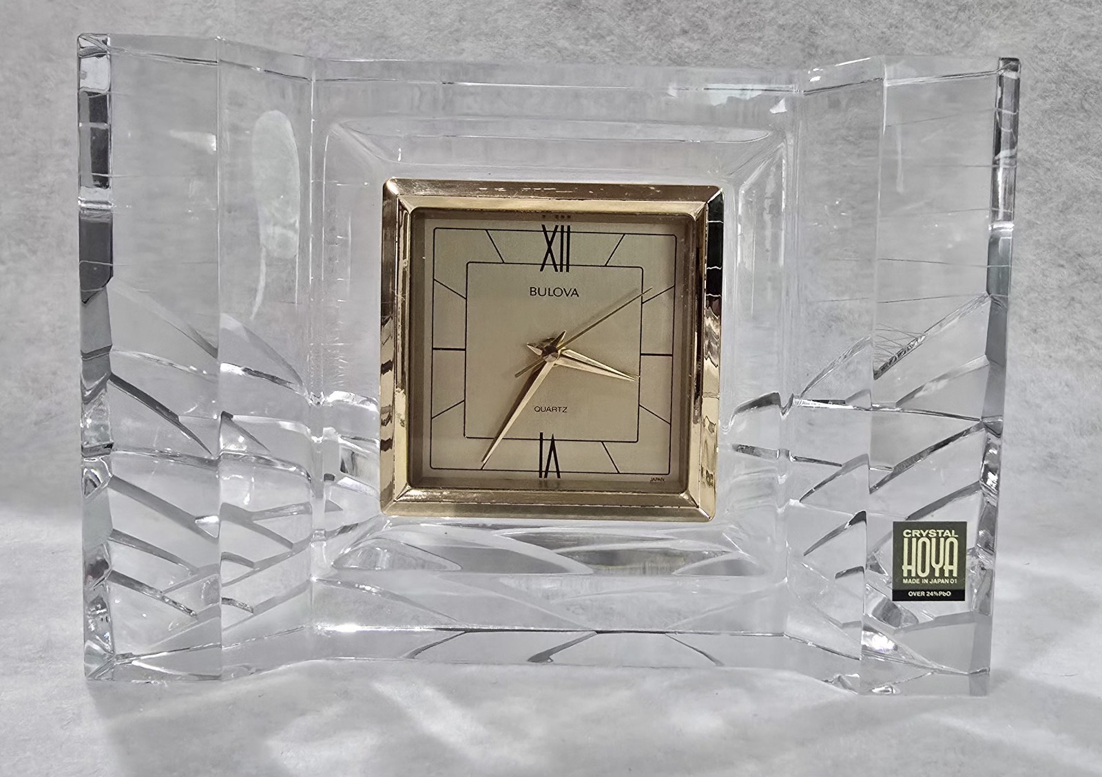 Vintage Bulova Hoya Crystal Quartz Desk Clock Heavy Art Glass Japan - No Chips