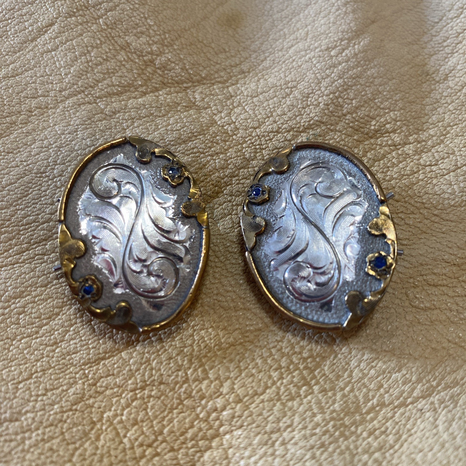 VTG Gold Trim Silver Concho Set W/Sapphires, New Old Stock