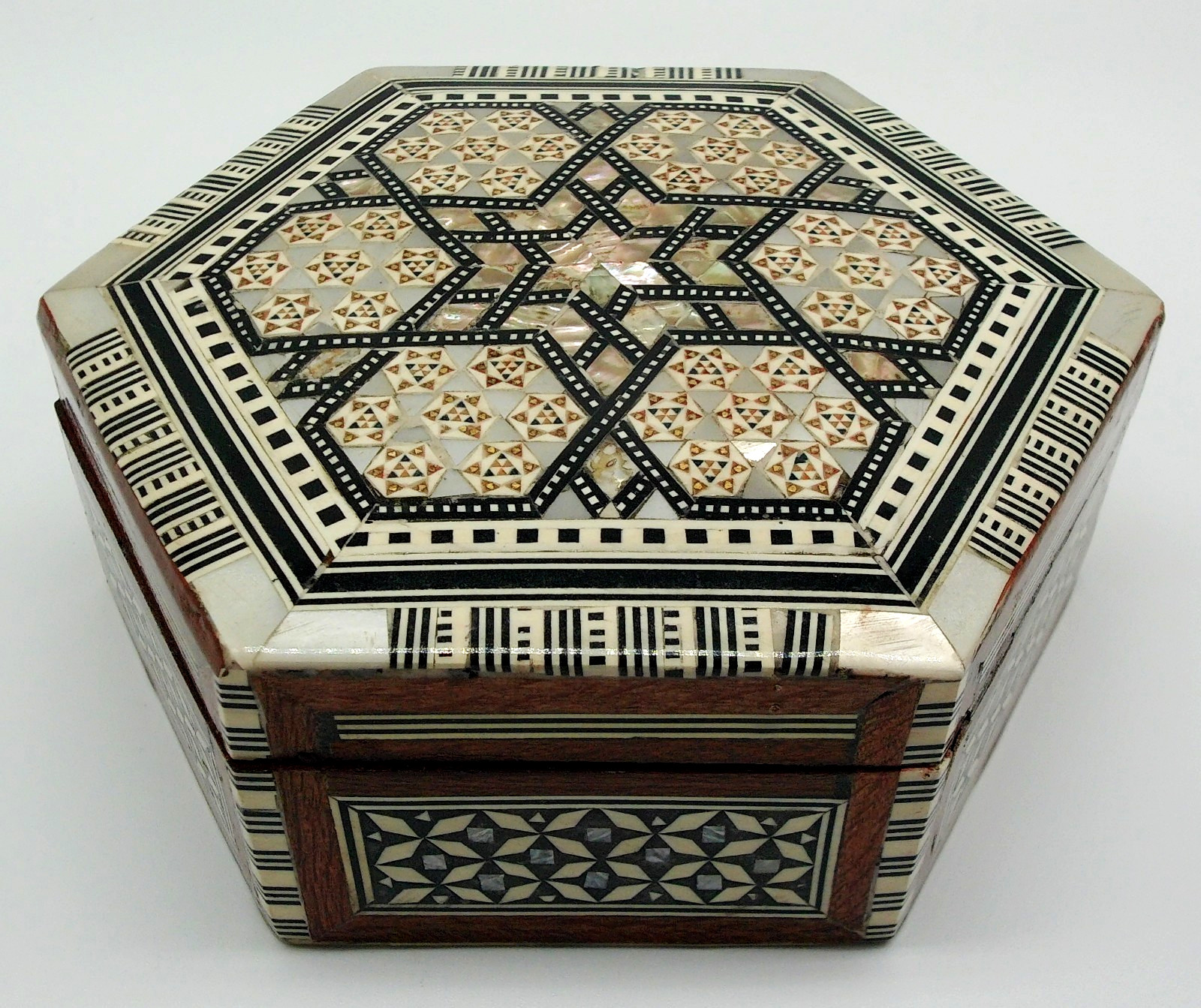Vintage Mother of Pearl Inlaid Mosaic Hexagon Wood Jewelry Trinket Box