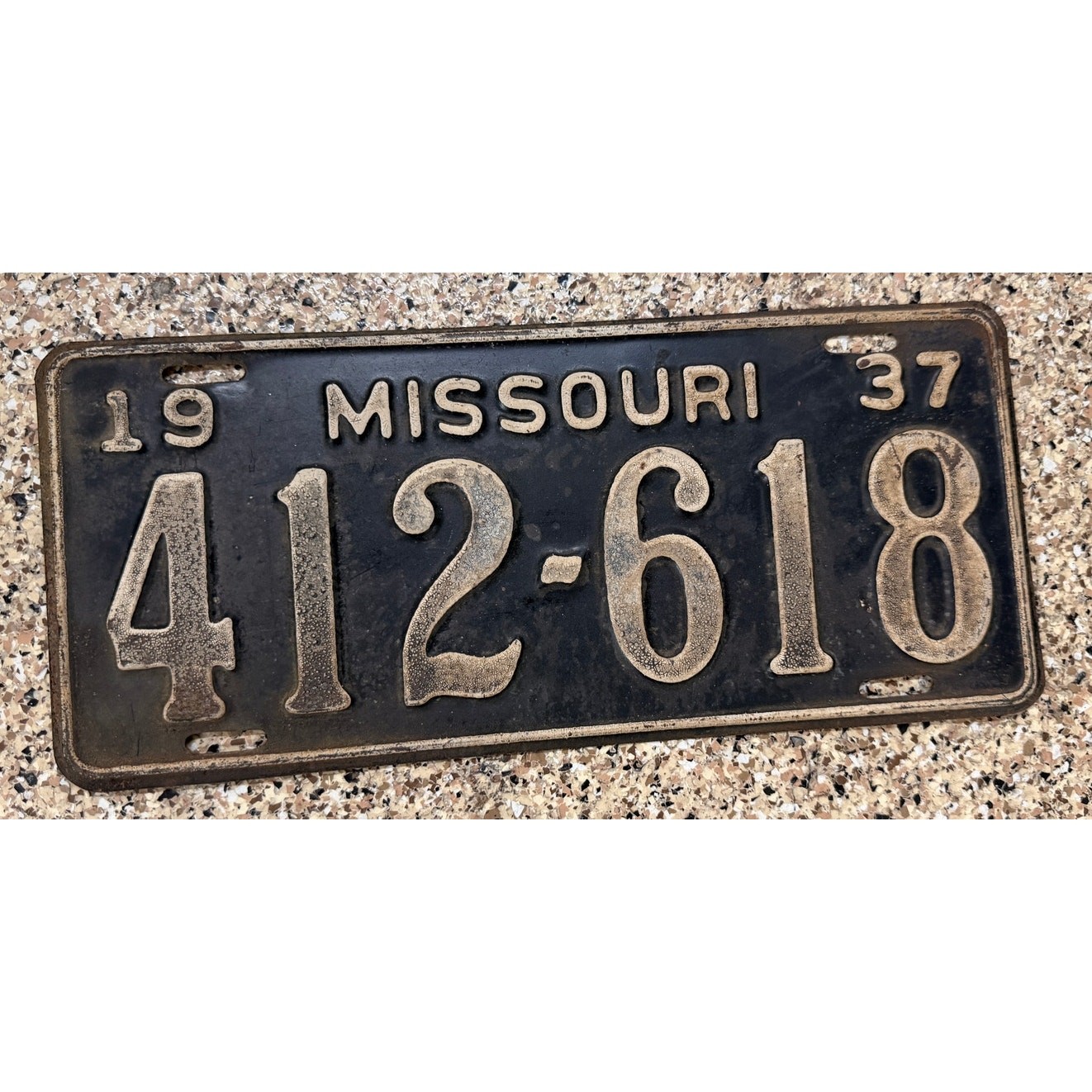 1937 Missouri License Plate 412-618 Vintage Black Embossed Steel Original 1937 Missouri License Plate 412-618 Vintage Black Embossed Steel Original