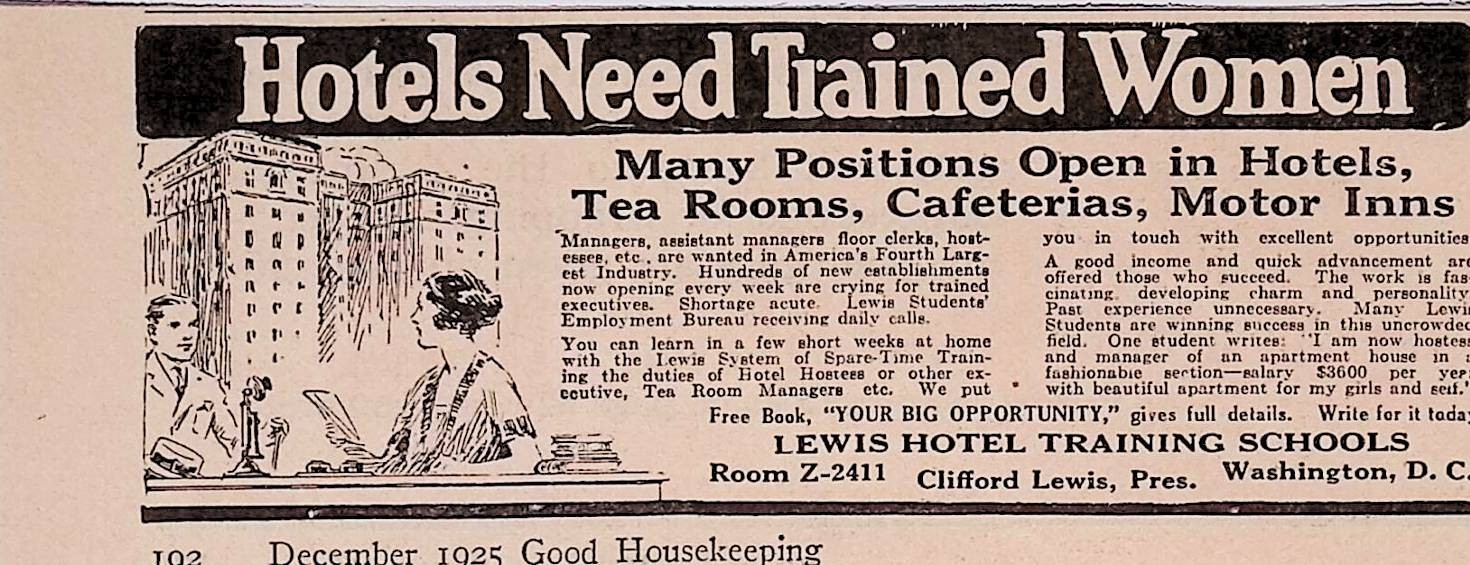 1925 Antique Print Ad Lewis Hotel Training Schools Women Good Housekeeping Dec