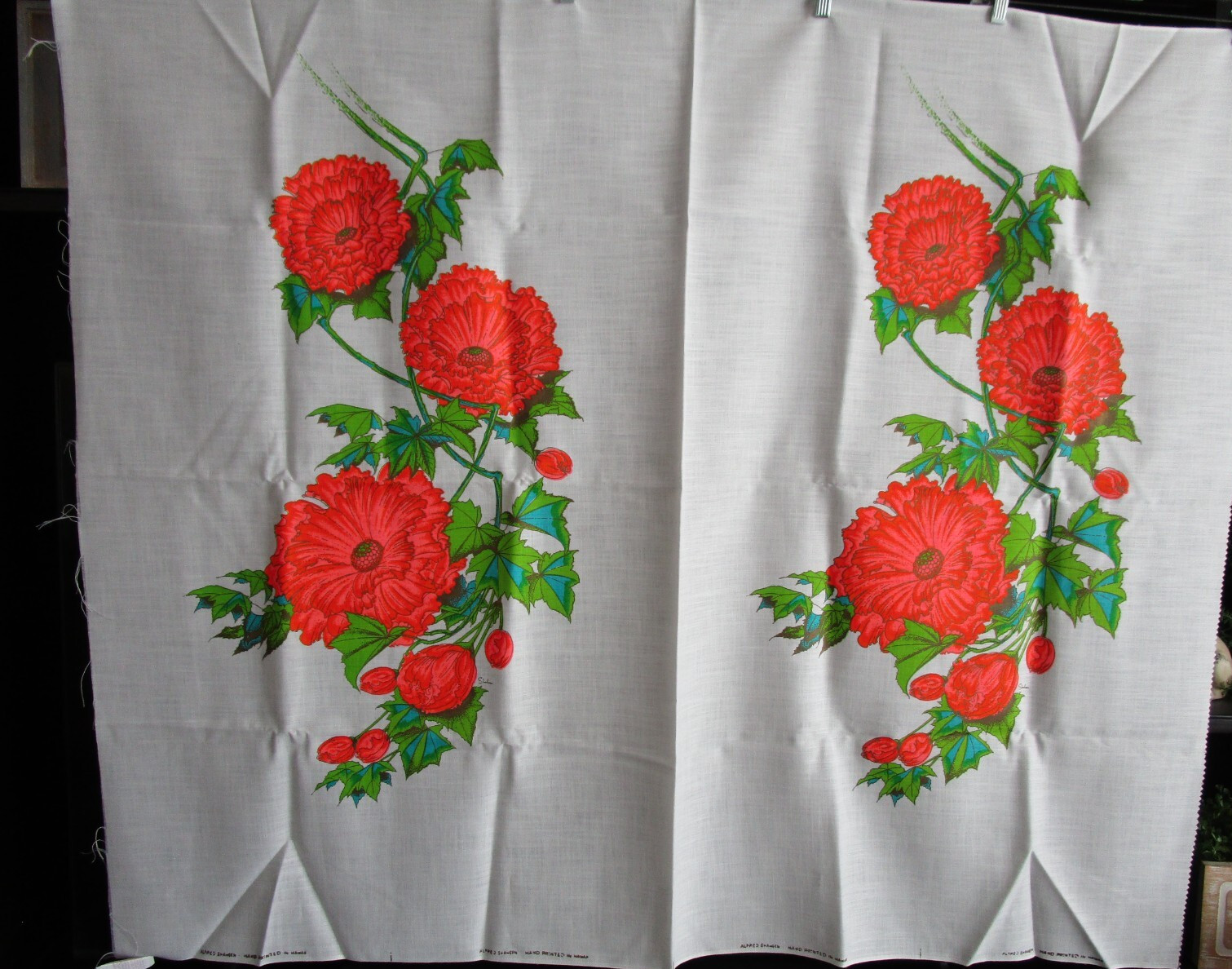 Alfred Shaheen Fabric -2 Panels - ORANGE Chrysanthemum -Vintage