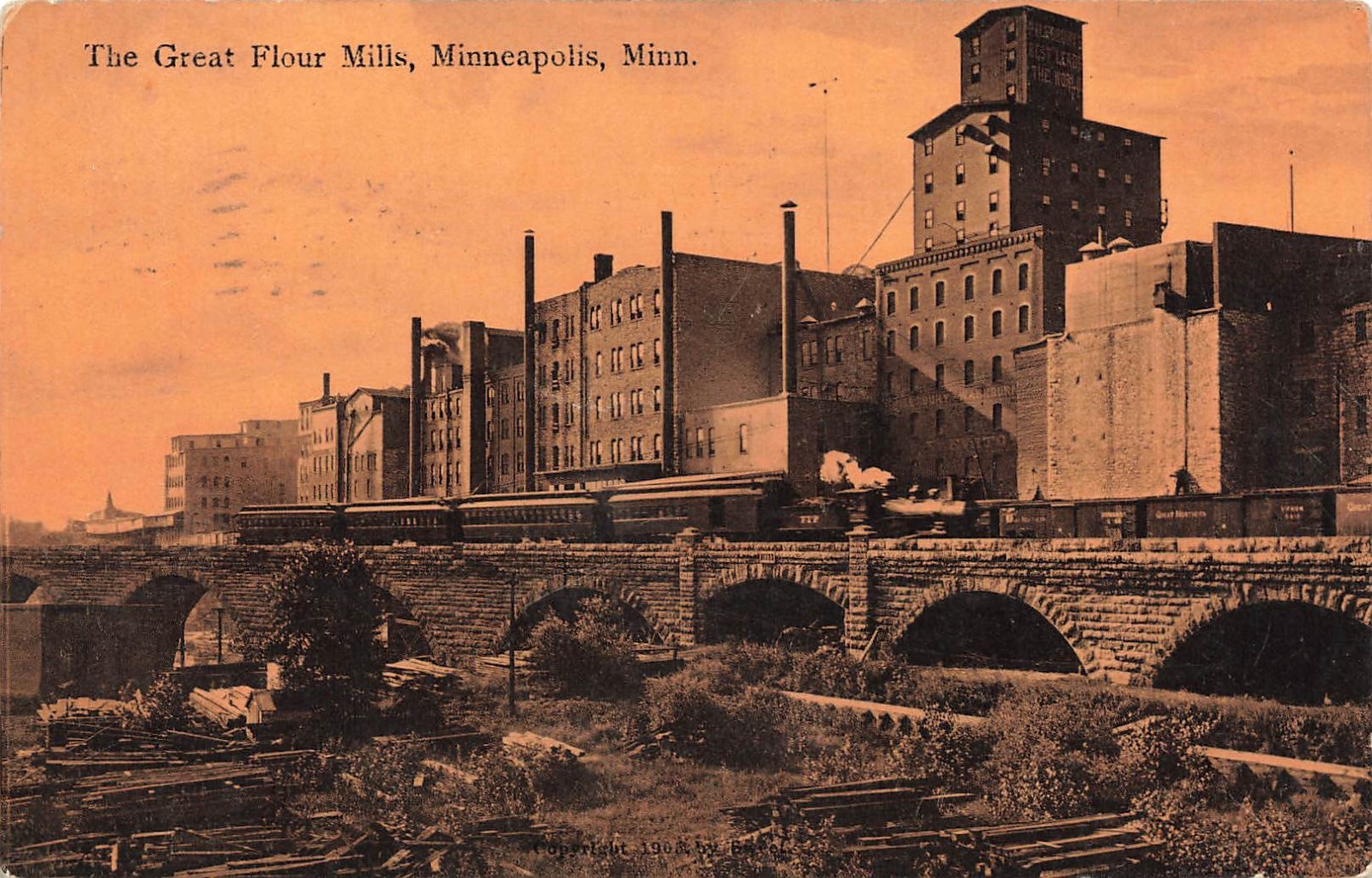 1908 MINNESOTA PHOTO POSTCARD: THE GREAT FLOUR MILLS, MINNEAPOLIS, MN