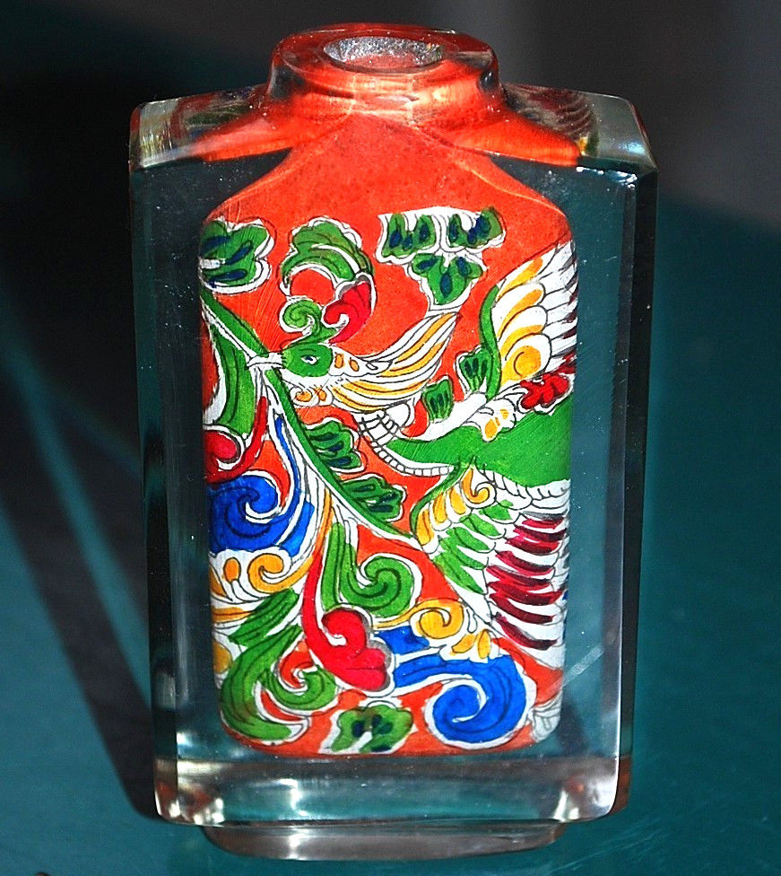 Vtg Chinese REVERSE HAND PAINTED CRYSTAL BOTTLE Perfume/Snuff PHOENIX BIRD