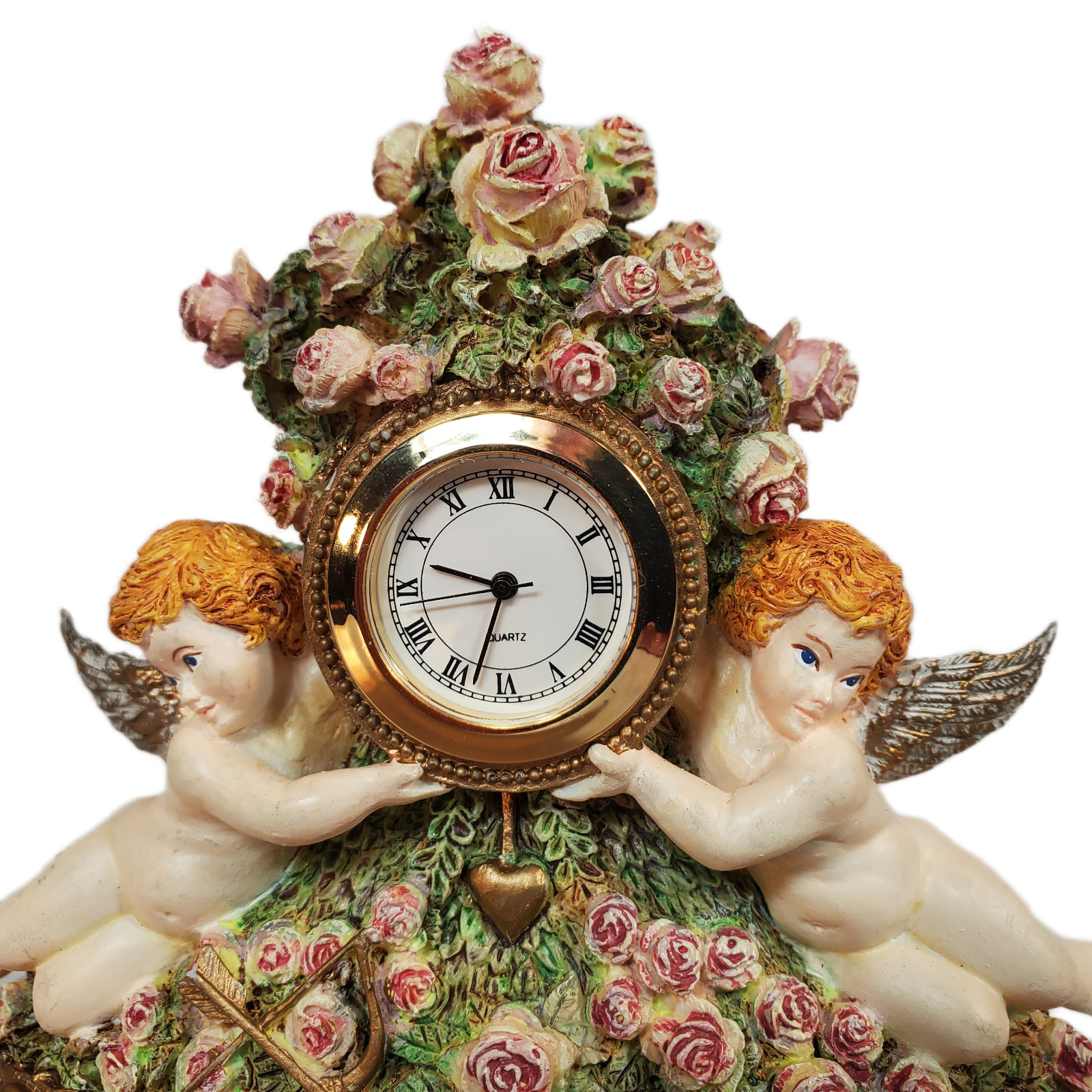 VTG Judith Winslow \'Time For Love\' Cherub Angels & Roses Resin Quartz Clock