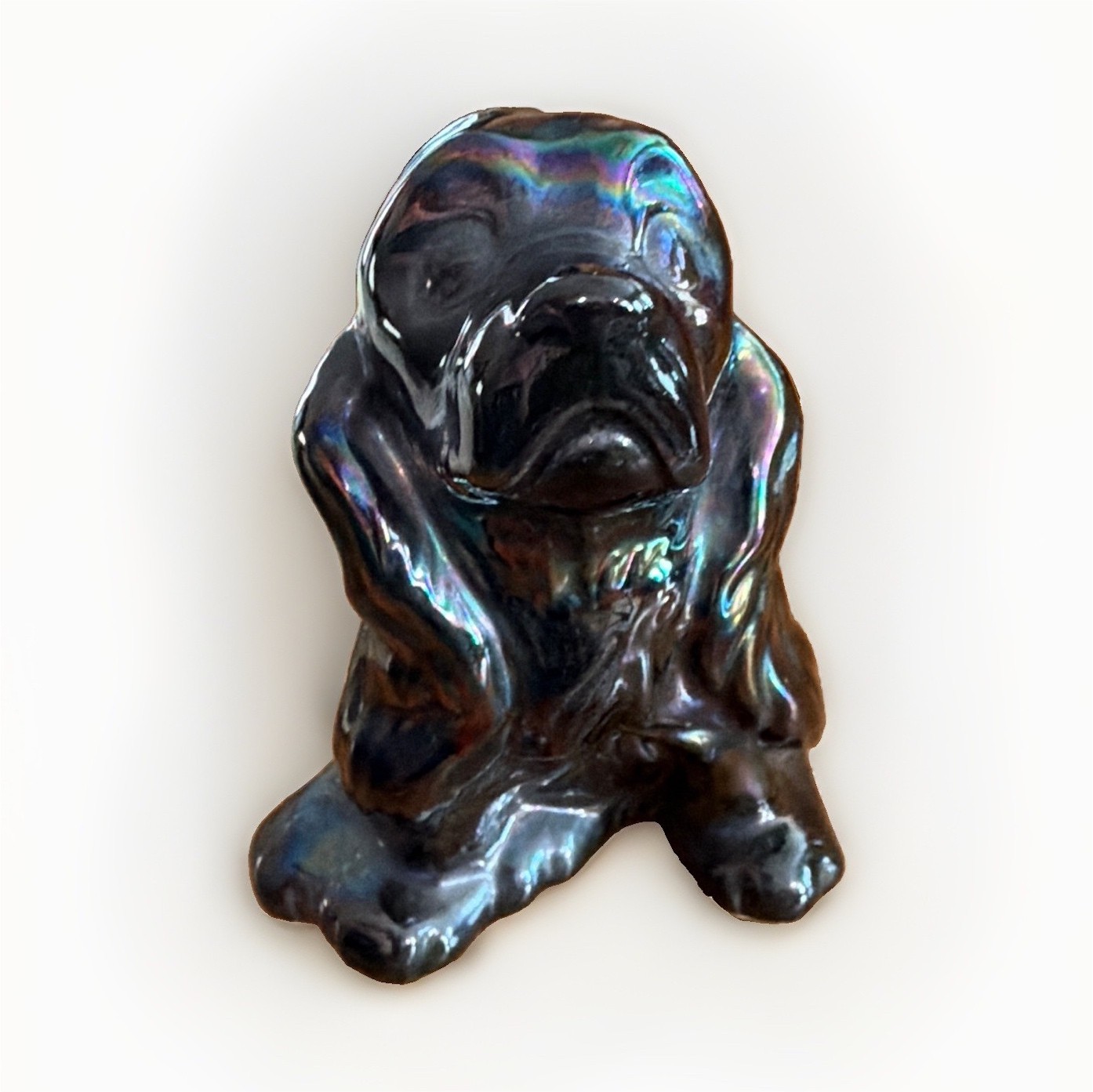 Vintage Ceramic Sad Puppy Dog Figurine, Iridescent Metallic Glaze Kitsch Decor