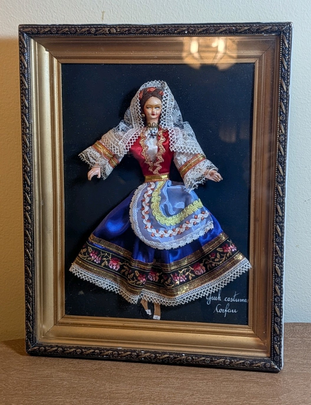 Vtg Greek Costumes Framed  Art Doll Dancer Amalia Cats Souvenir Greece Shadow 