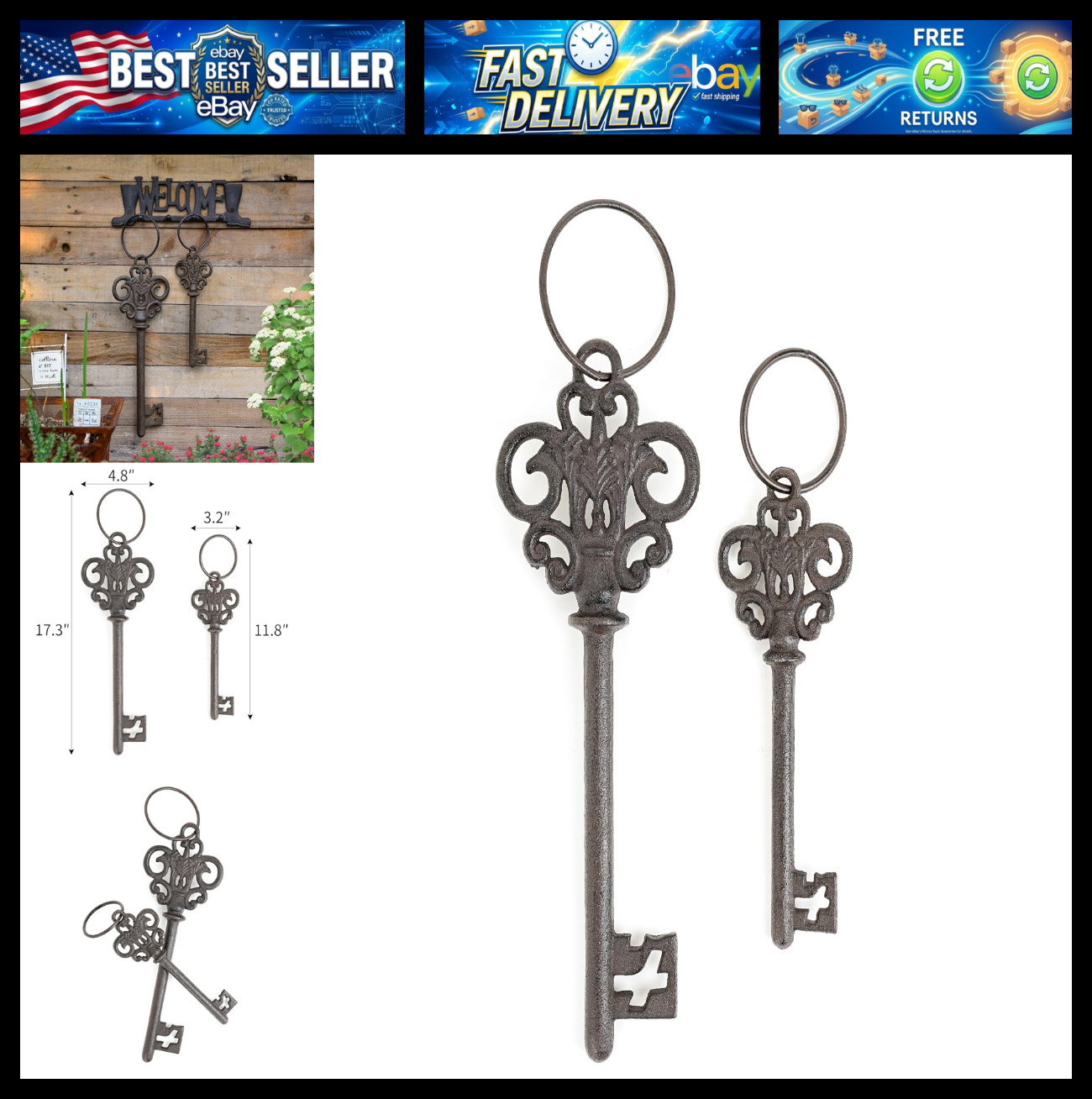 Sungmor Cast Iron Skeleton Keys, Set of 2 Large Old Fashioned, Decorative Wrough