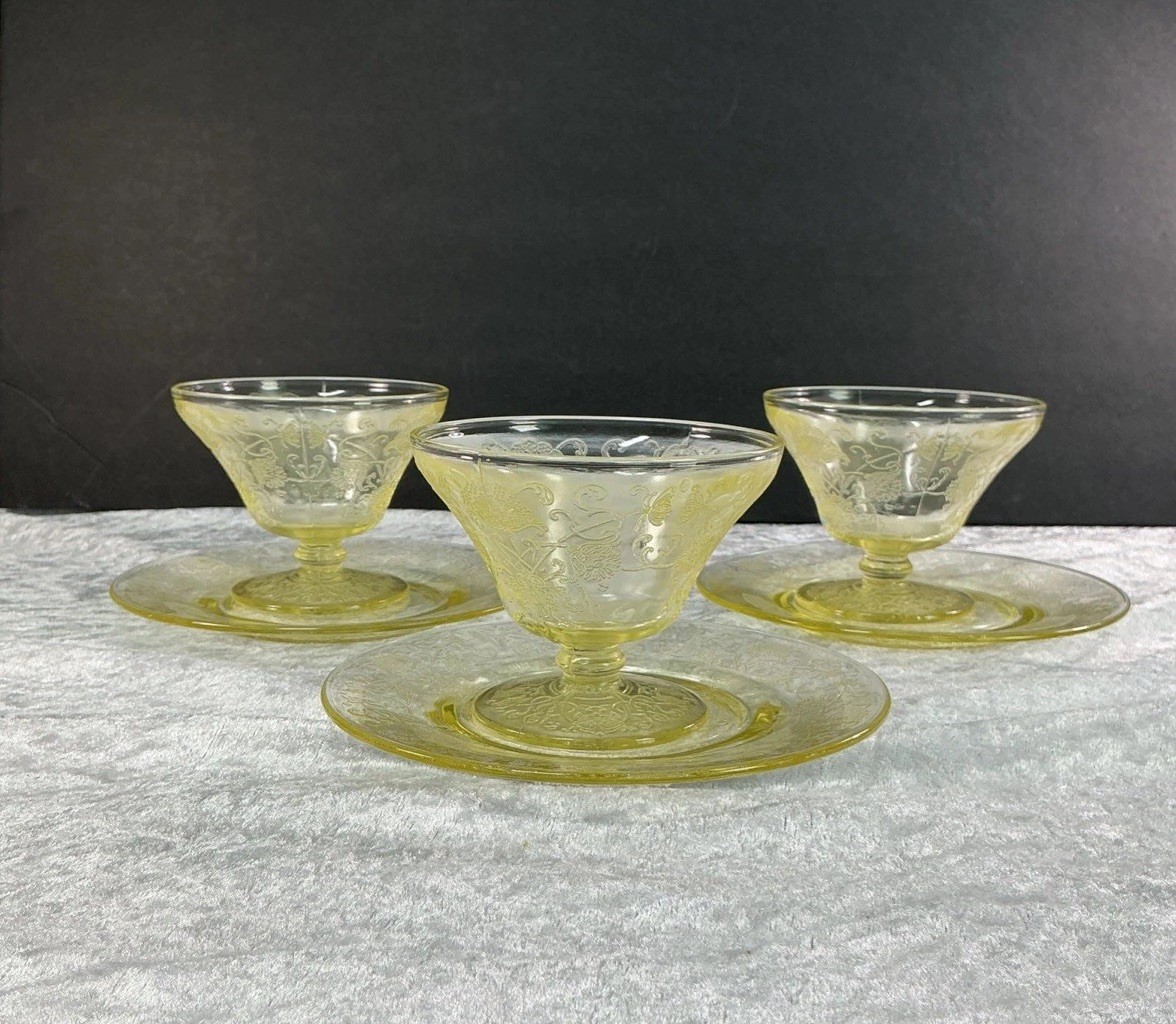 VTG Set 3 Hazel Atlas Florentine Sherbet Cups Saucers Yellow Depression Glass