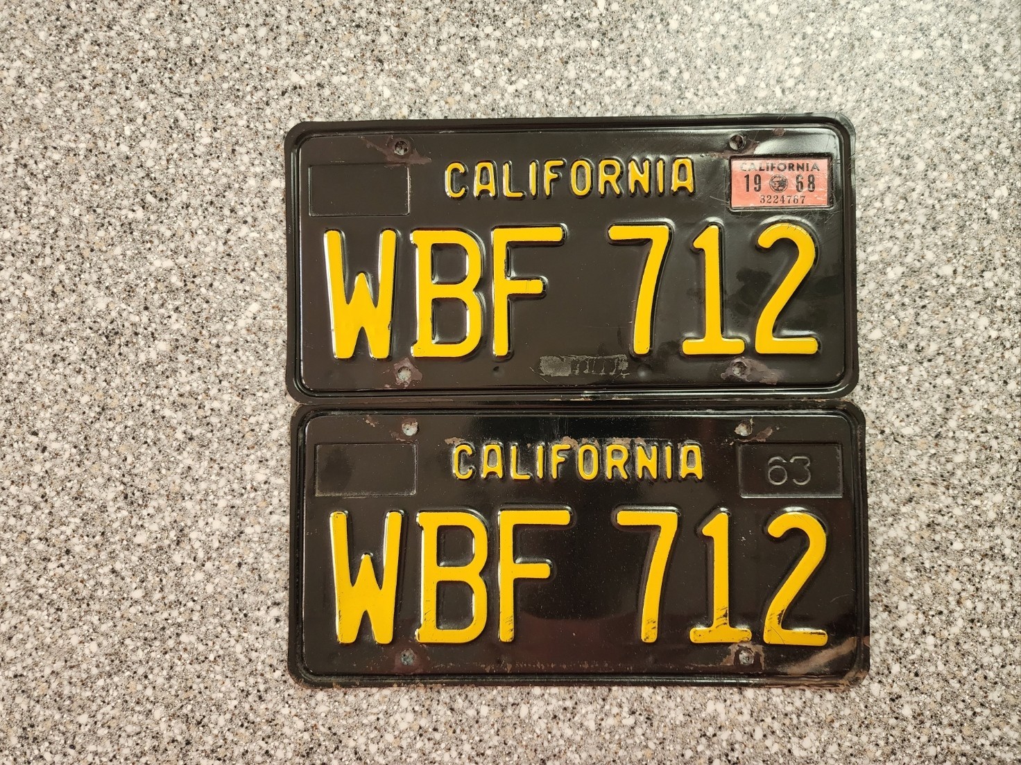 1963 Black California License Plates, 1968 Validation Sticker, DMV Clear, VG 1963 Black California License Plates, 1968 Validation Sticker, DMV Clear, VG