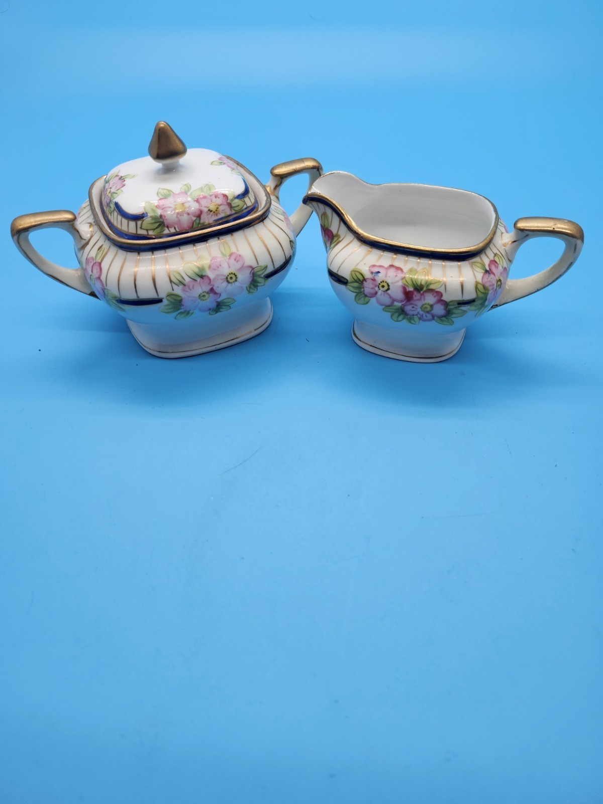 Vintage Lefton China Nippon Creamer & Covered Sugar Bowl Pink Floral Gold Trim