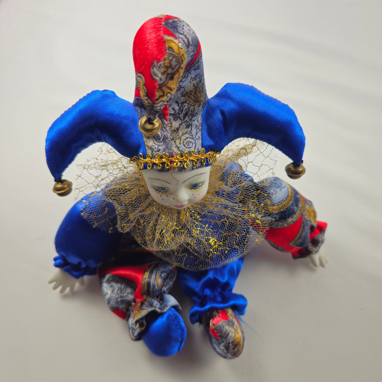 Porcelain Face Jester Clown Doll Blue Red Harlequin Decorative Figure Vintage 11 Porcelain Face Jester Clown Doll Blue Red Harlequin Decorative Figure Vintage 11