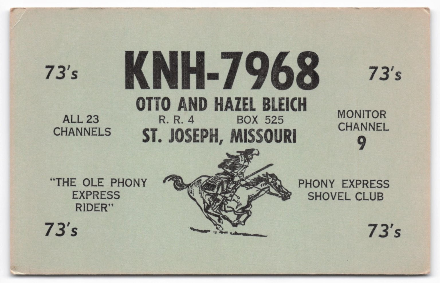 Vintage KNH-7968 CB Radio QSL Card St. Joseph Missouri Phony Express Rider 70s