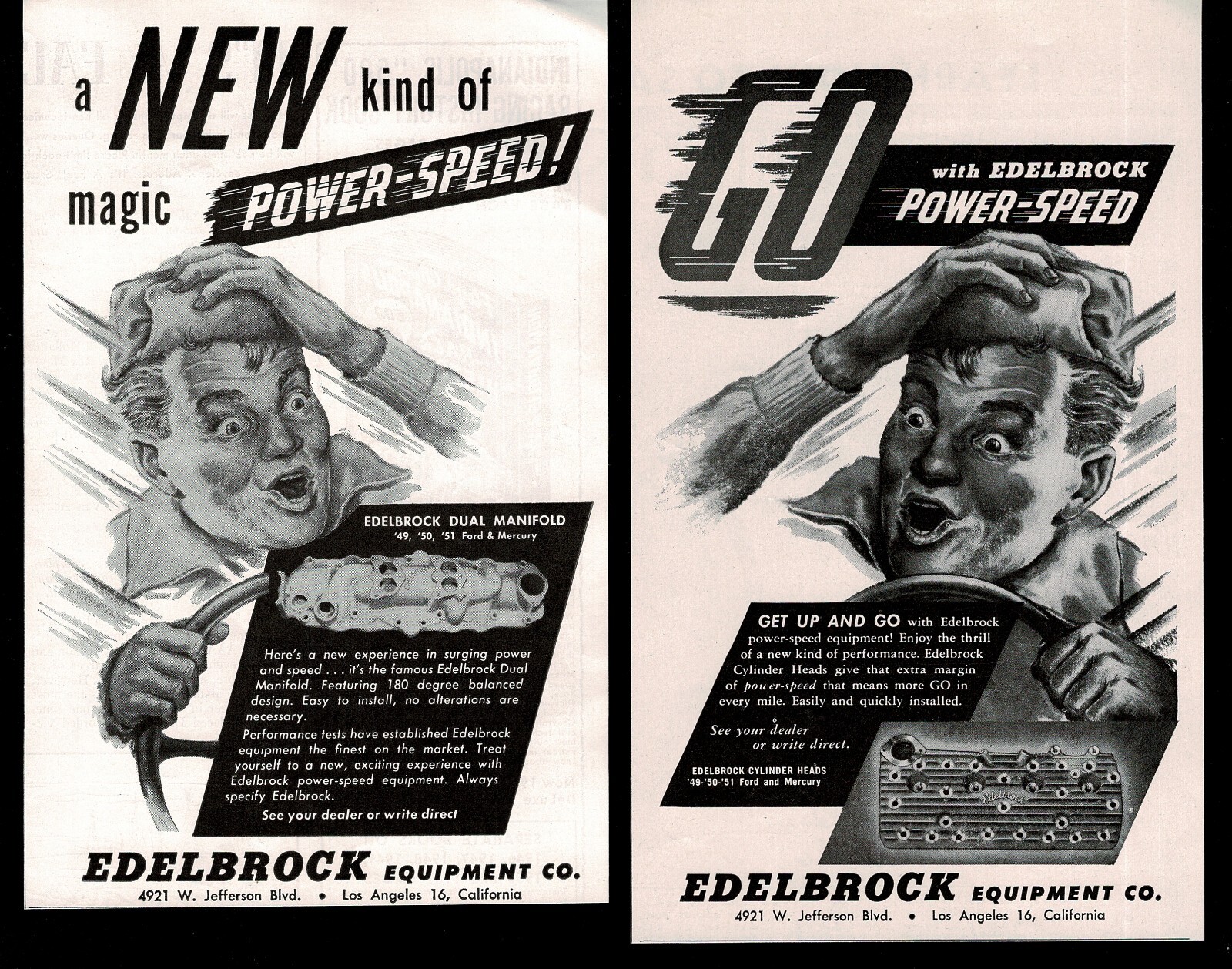 1951 EDELBROCK Equipment Co. Los Angeles CA lot of 2 Vintage Print Ads