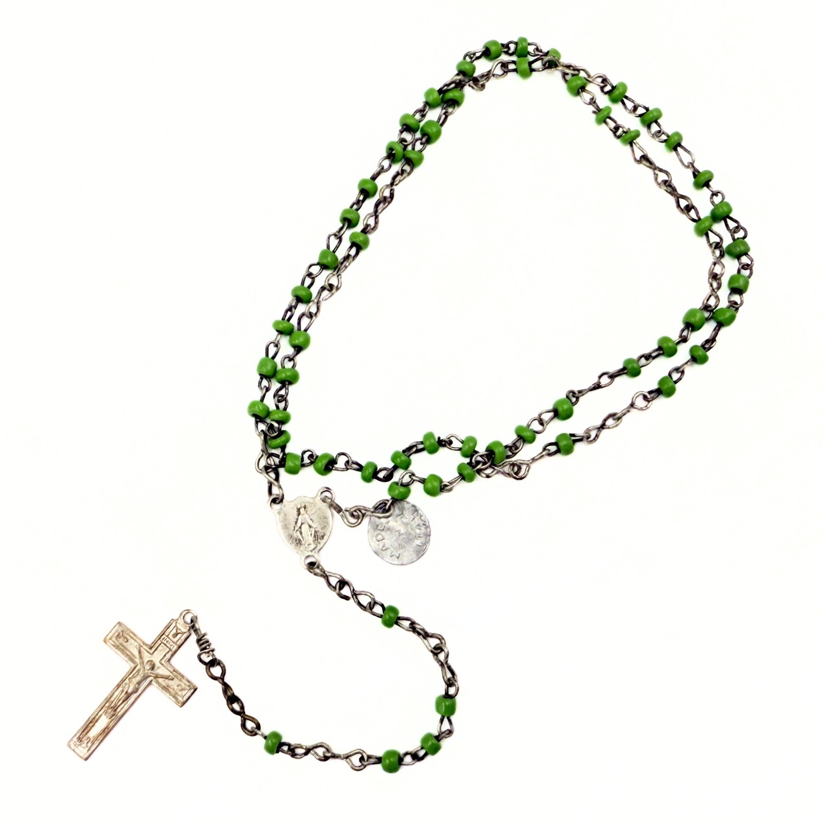 Vintage Italy Silver Plated Green Lucite Beads Crucifix Catholic Necklace Rosary