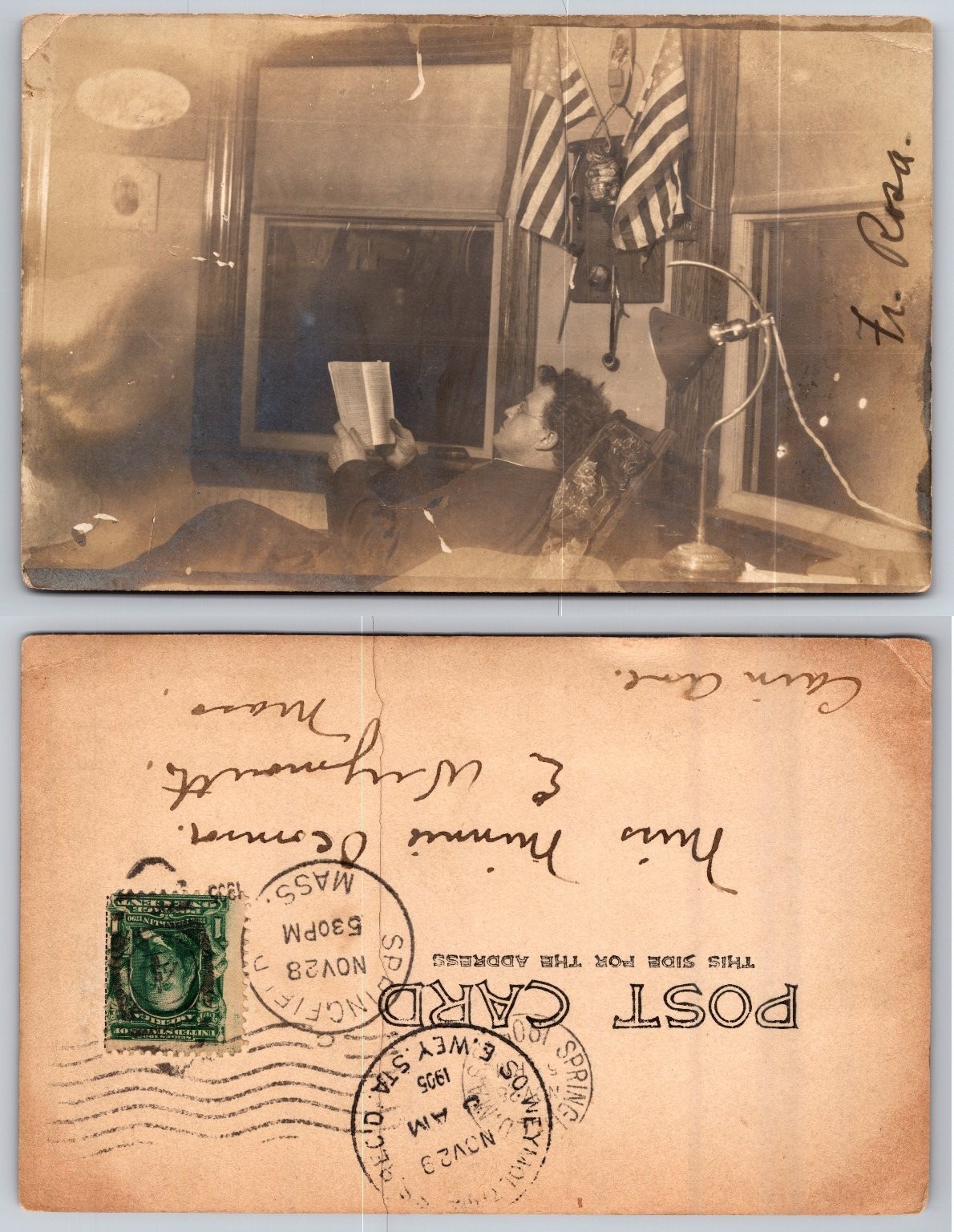 1905 RPPC Man Reading Room Interior American Flags Genealogy Postcard